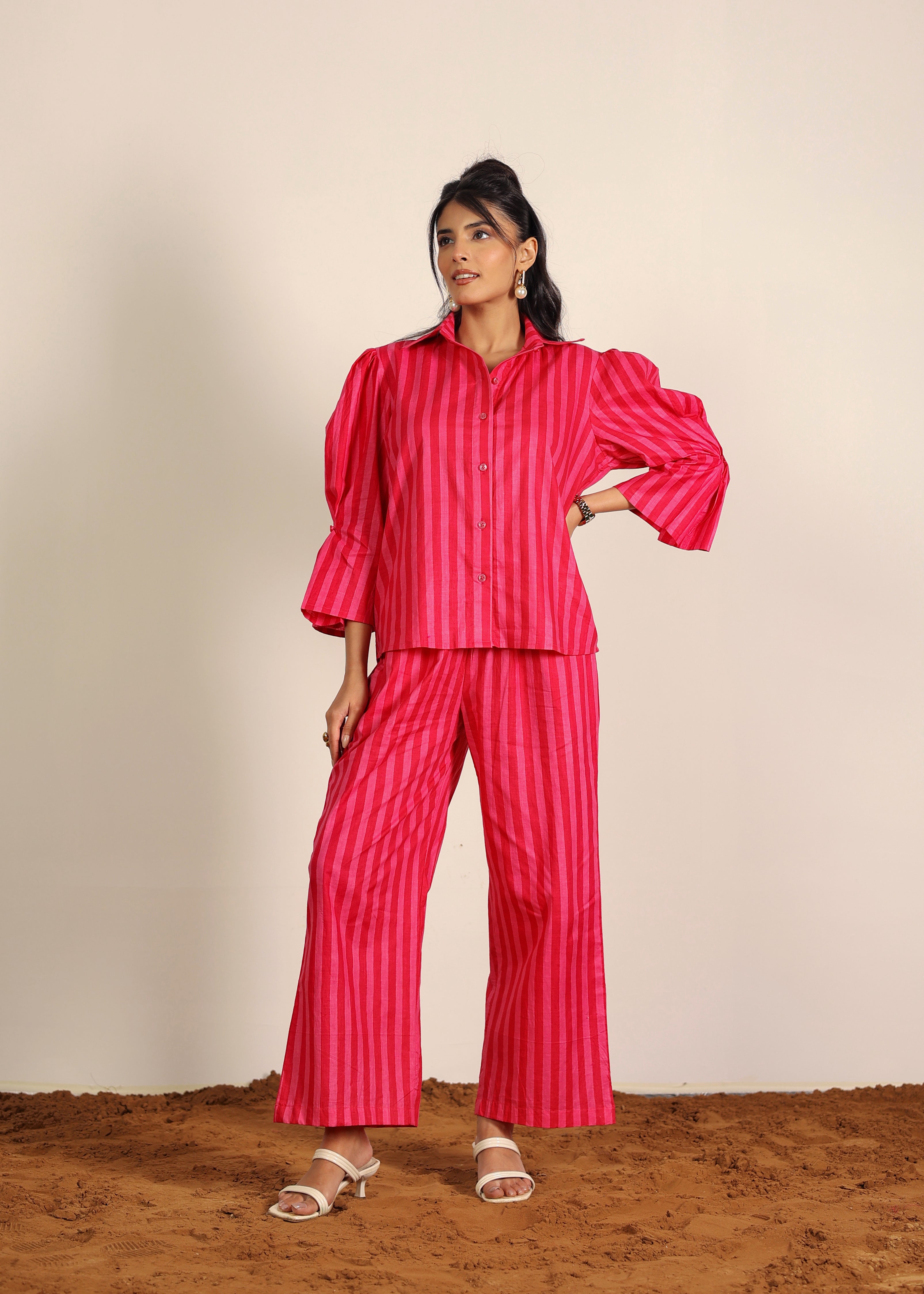 Pink and Red Textile 100% Cotton Printed Pants - Stripes Full Elastic Pant - Kaoribyshreya