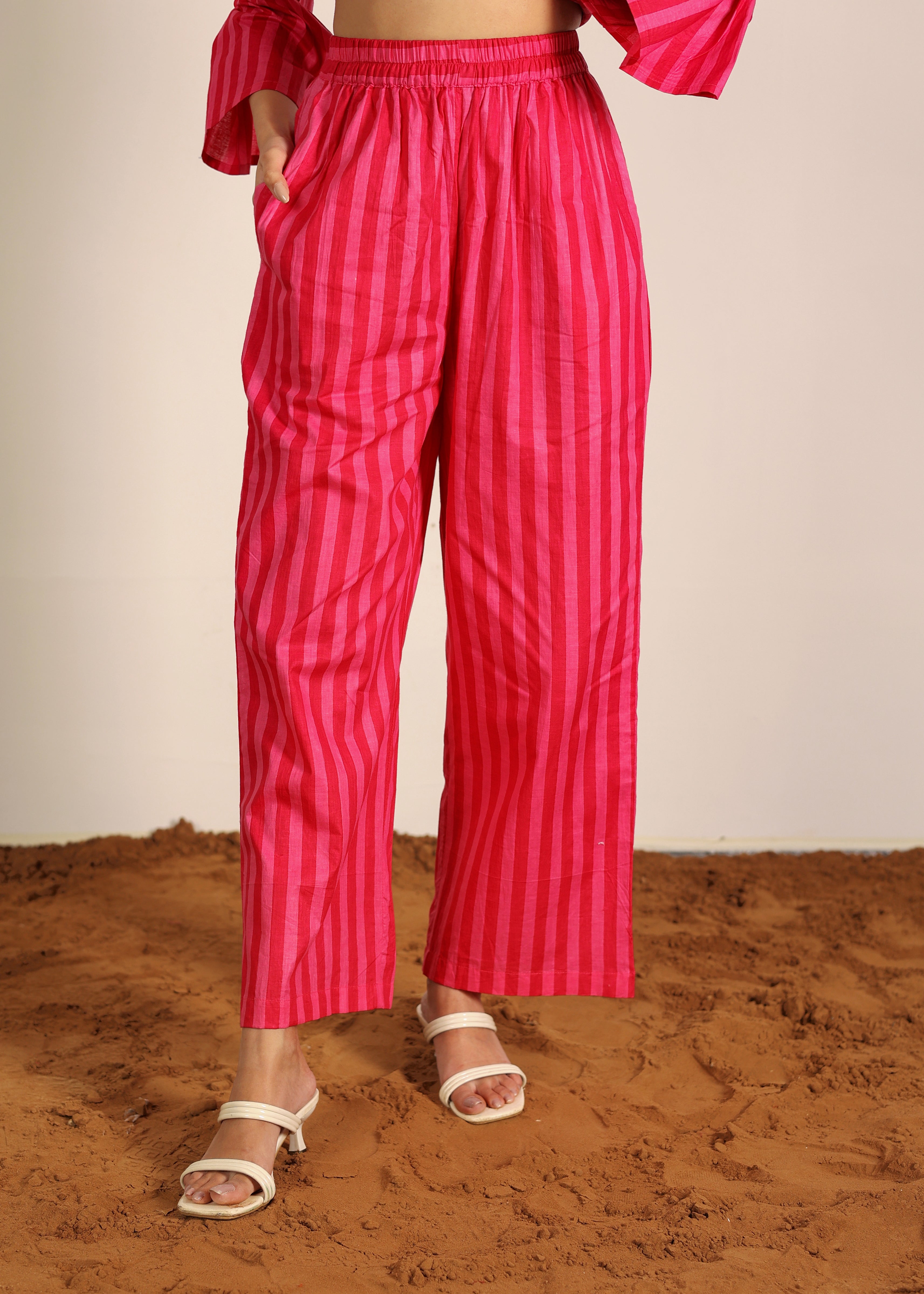 Pink and Red Textile 100% Cotton Printed Pants - Stripes Full Elastic Pant - Kaoribyshreya
