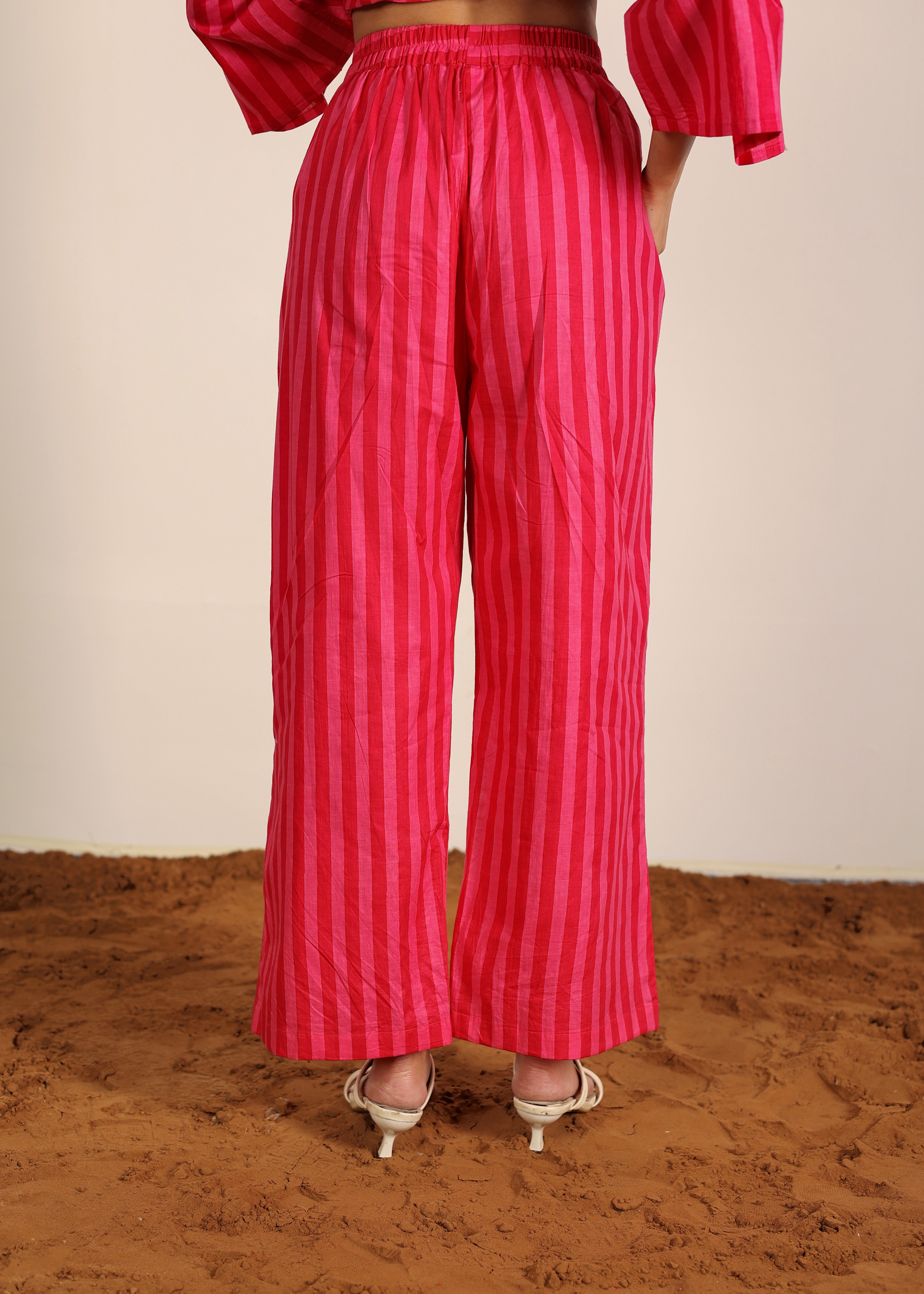 Pink and Red Textile 100% Cotton Printed Pants - Stripes Full Elastic Pant - Kaoribyshreya