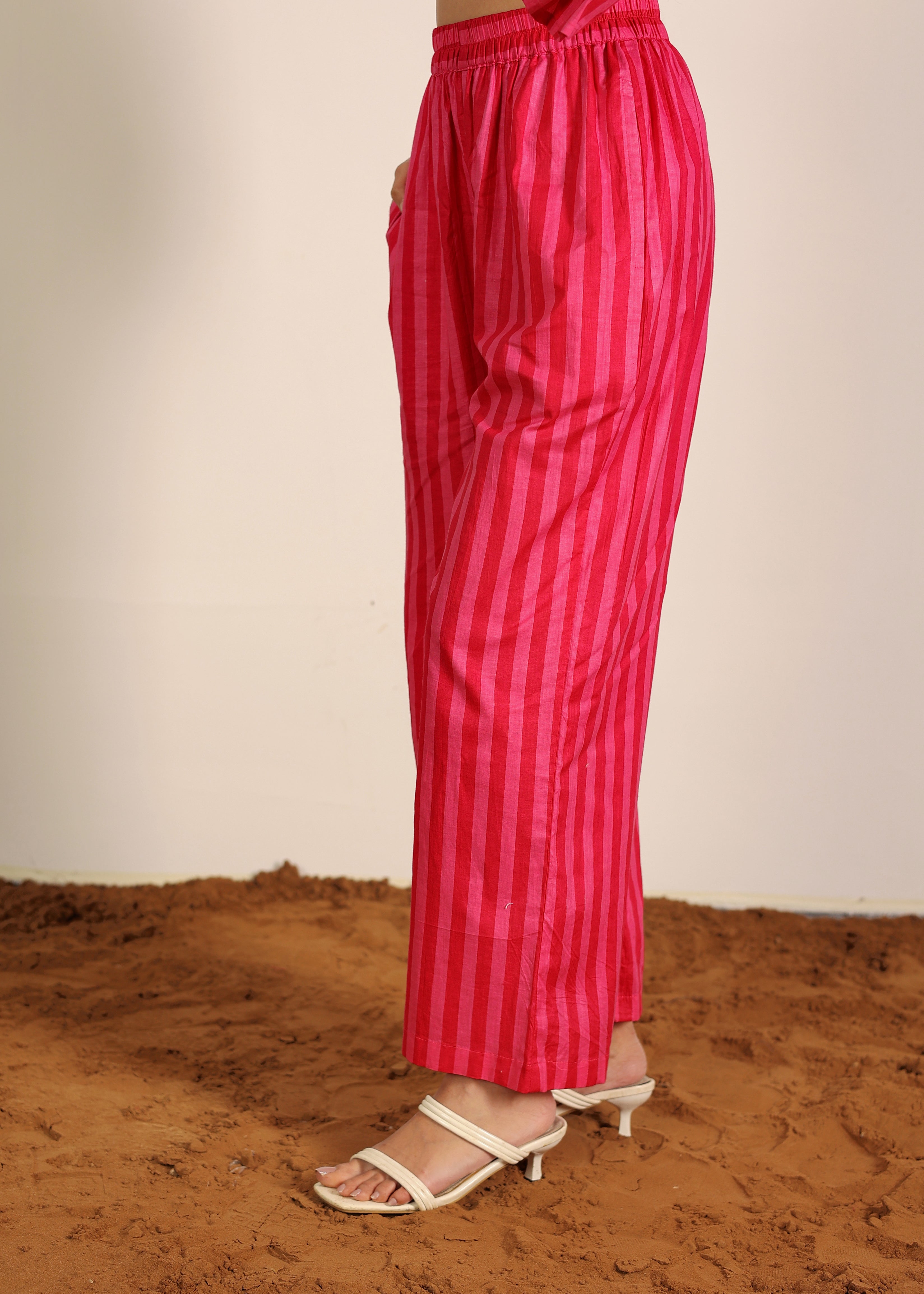 Pink and Red Textile 100% Cotton Printed Pants - Stripes Full Elastic Pant - Kaoribyshreya