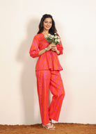 Orange and Pink 100% Cotton Textile Print Pants - Stripes Half Belt and Half Elastic Waist Trouser - Kaoribyshreya