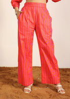 Orange and Pink 100% Cotton Textile Print Pants - Stripes Half Belt and Half Elastic Waist Trouser - Kaoribyshreya