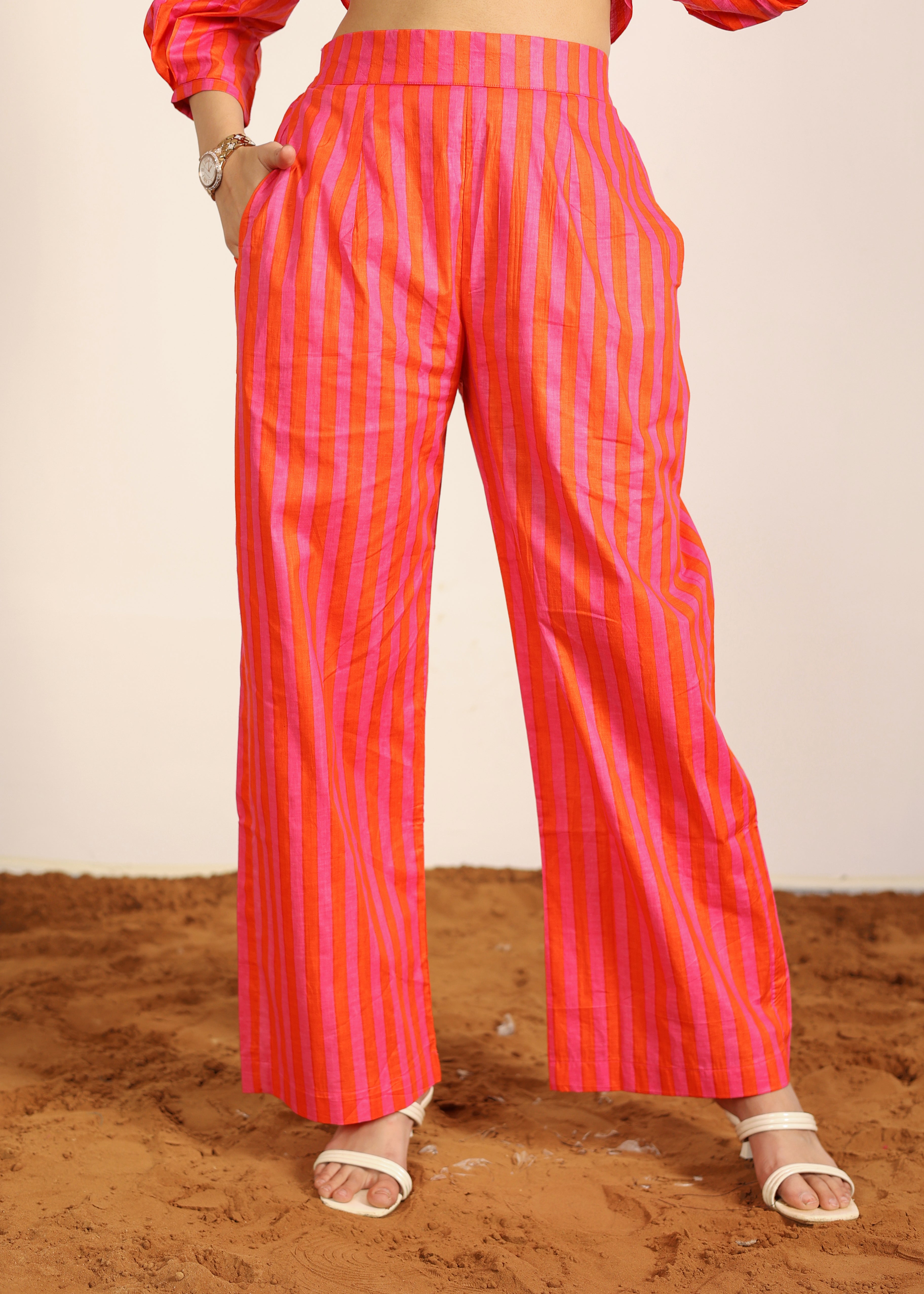 Orange and Pink 100% Cotton Textile Print Pants - Stripes Half Belt and Half Elastic Waist Trouser - Kaoribyshreya
