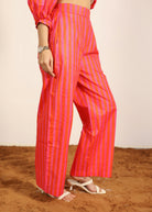 Orange and Pink 100% Cotton Textile Print Pants - Stripes Half Belt and Half Elastic Waist Trouser - Kaoribyshreya