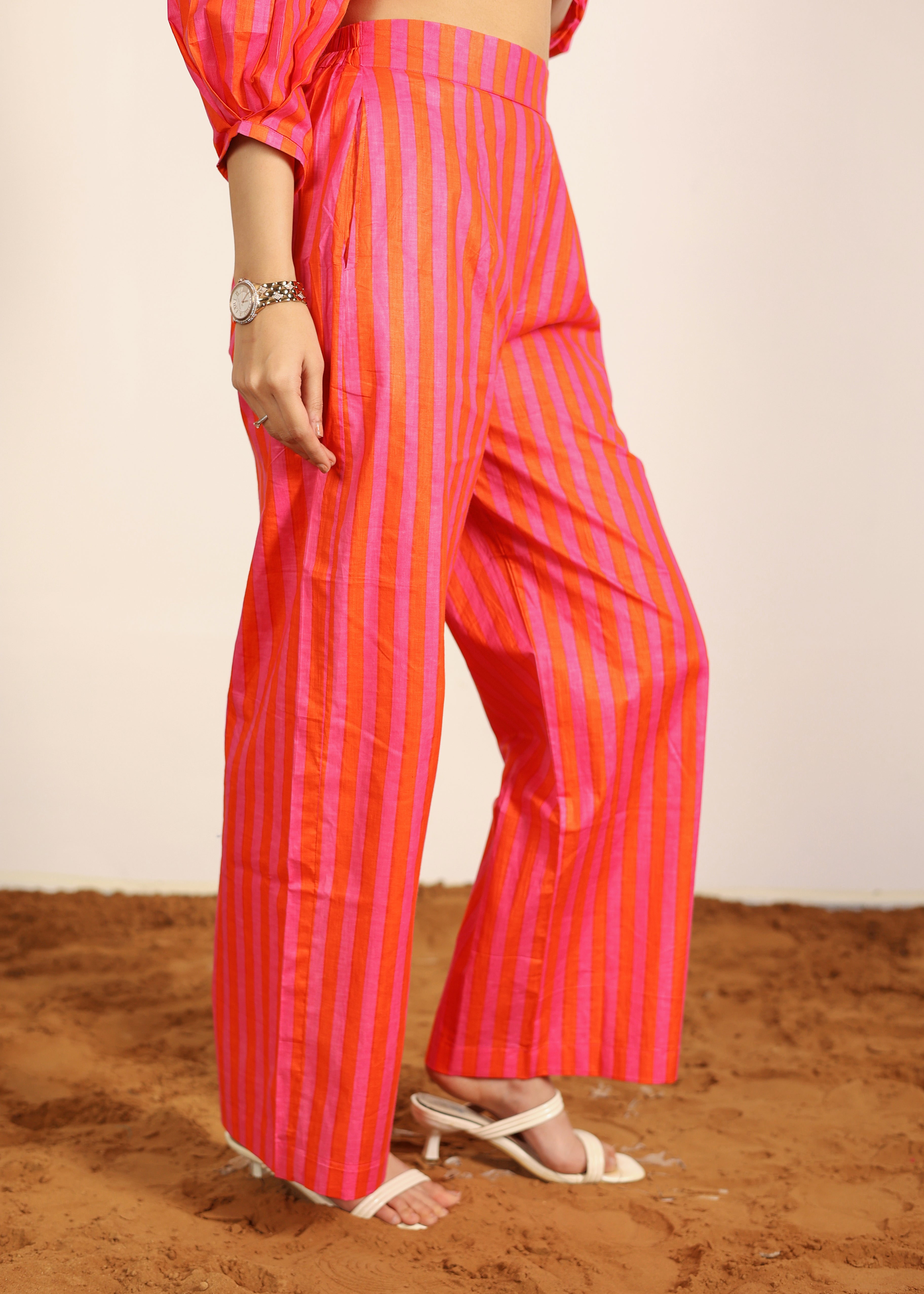 Orange and Pink 100% Cotton Textile Print Pants - Stripes Half Belt and Half Elastic Waist Trouser - Kaoribyshreya