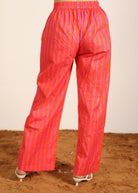 Orange and Pink 100% Cotton Textile Print Pants - Stripes Half Belt and Half Elastic Waist Trouser - Kaoribyshreya