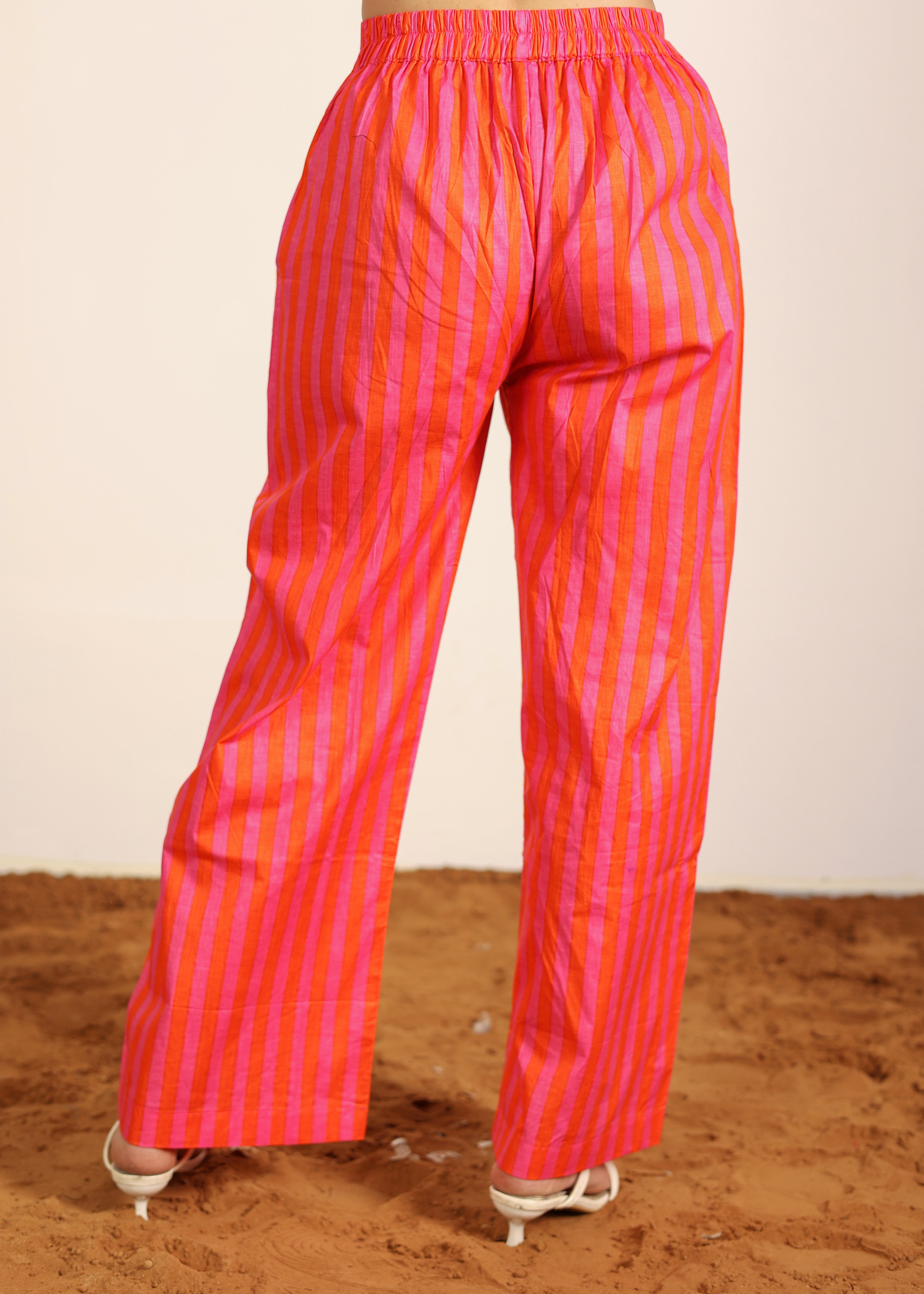 Orange and Pink 100% Cotton Textile Print Pants - Stripes Half Belt and Half Elastic Waist Trouser - Kaoribyshreya