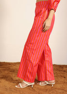Orange and Pink 100% Cotton Textile Print Pants - Stripes Half Belt and Half Elastic Waist Trouser - Kaoribyshreya
