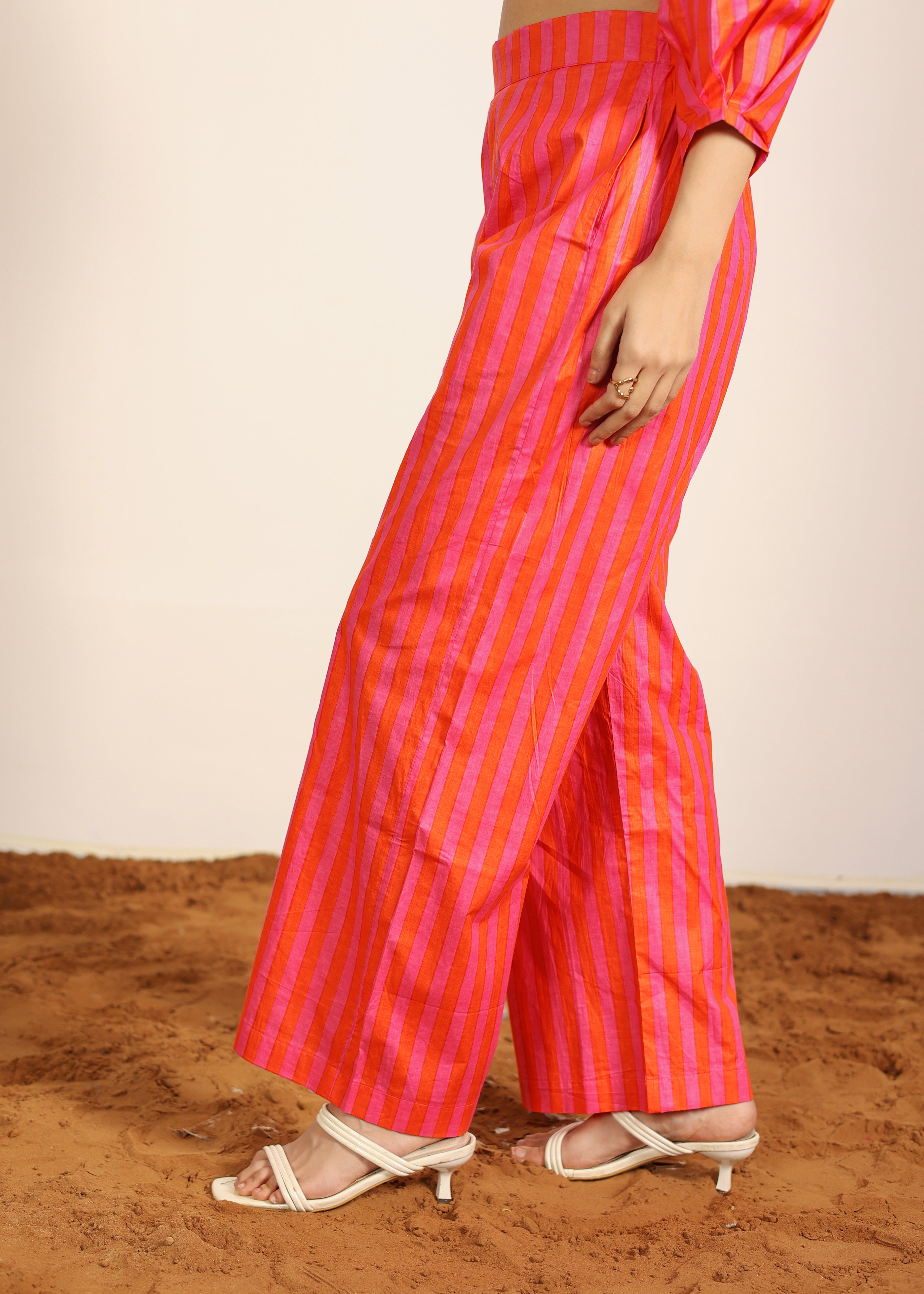Orange and Pink 100% Cotton Textile Print Pants - Stripes Half Belt and Half Elastic Waist Trouser - Kaoribyshreya