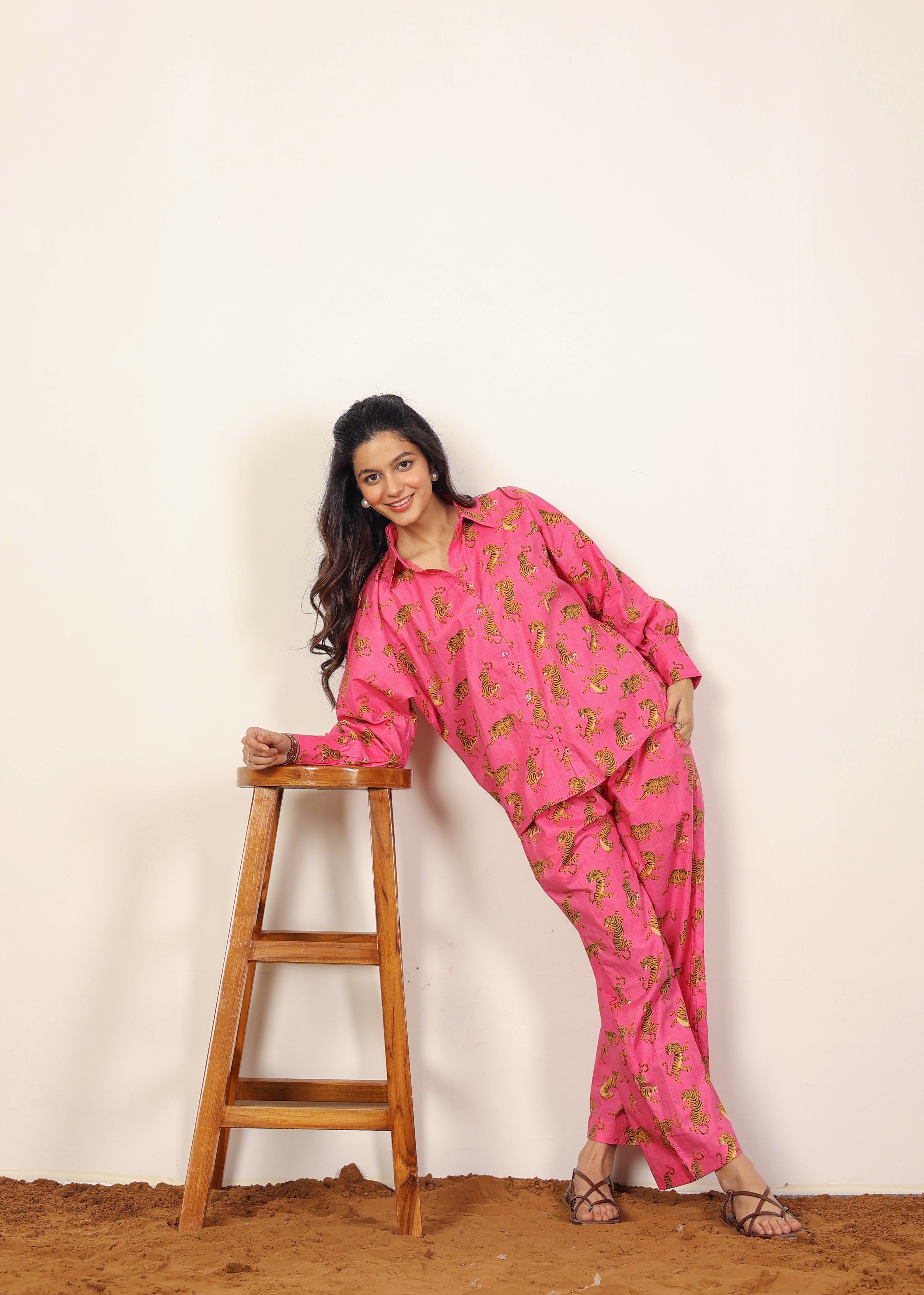 Pink and Multicolor Tropical Summer Print Collared Shirts and Wide Legs Pant 100% Cotton Indo Western Co-ord Sets - Kaoribyshreya