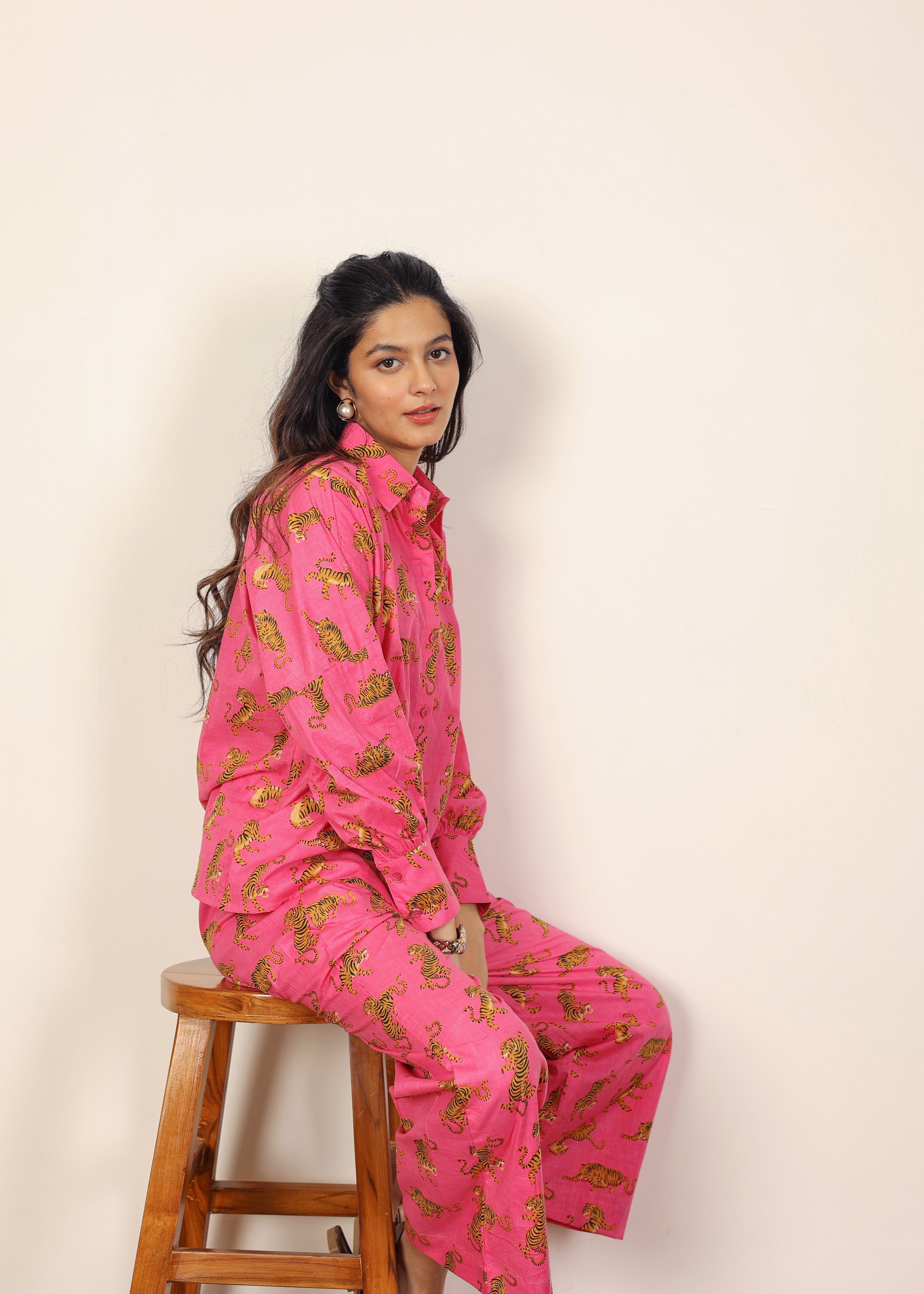 Pink and Multicolor Tropical Summer Print Collared Shirts and Wide Legs Pant 100% Cotton Indo Western Co-ord Sets - Kaoribyshreya