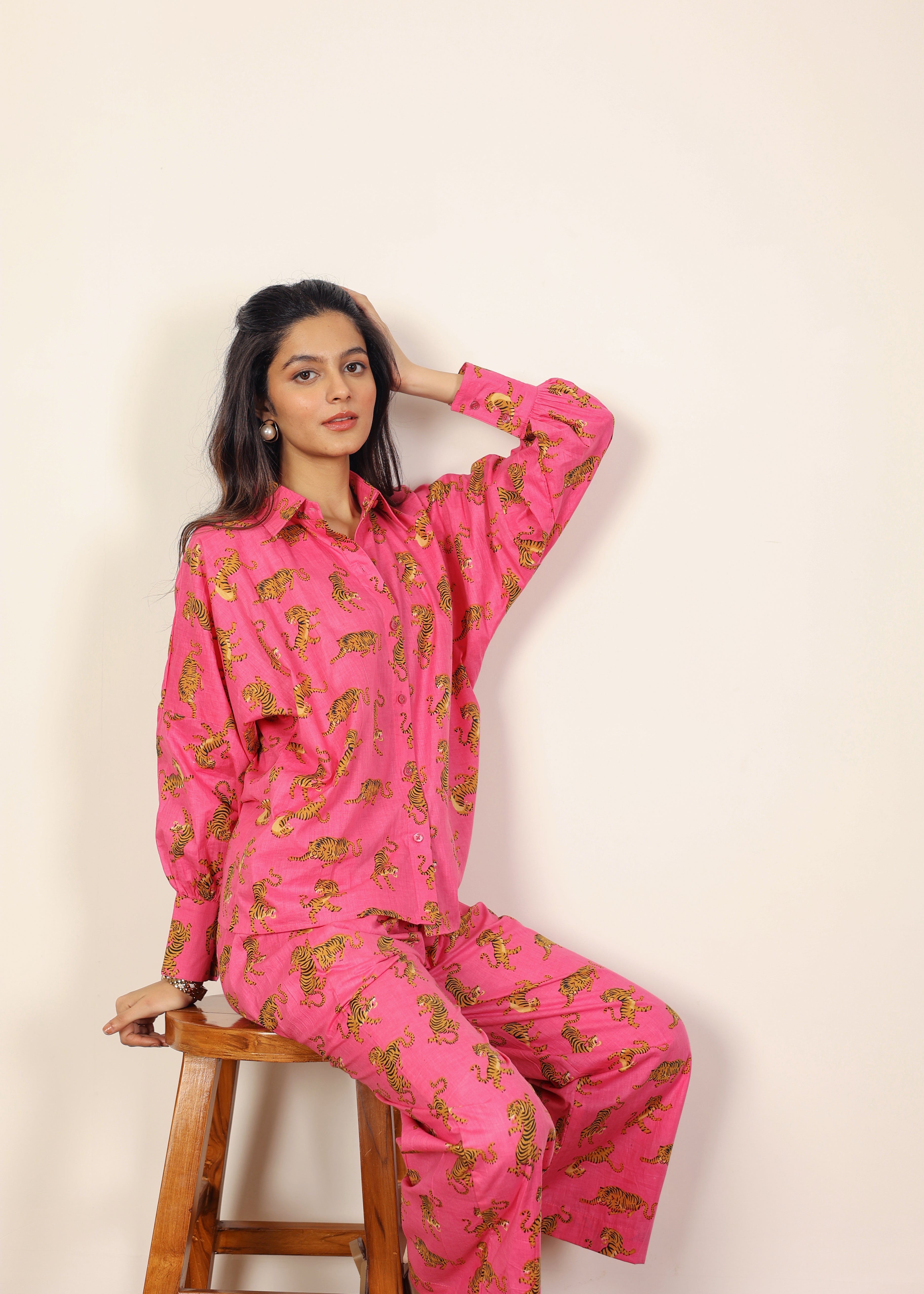 Pink and Multicolor Tropical Summer Print Collared Shirts and Wide Legs Pant 100% Cotton Indo Western Co-ord Sets - Kaoribyshreya