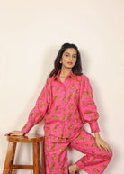 Pink and Multicolor Tropical Summer Print Collared Shirts and Wide Legs Pant 100% Cotton Indo Western Co-ord Sets - Kaoribyshreya