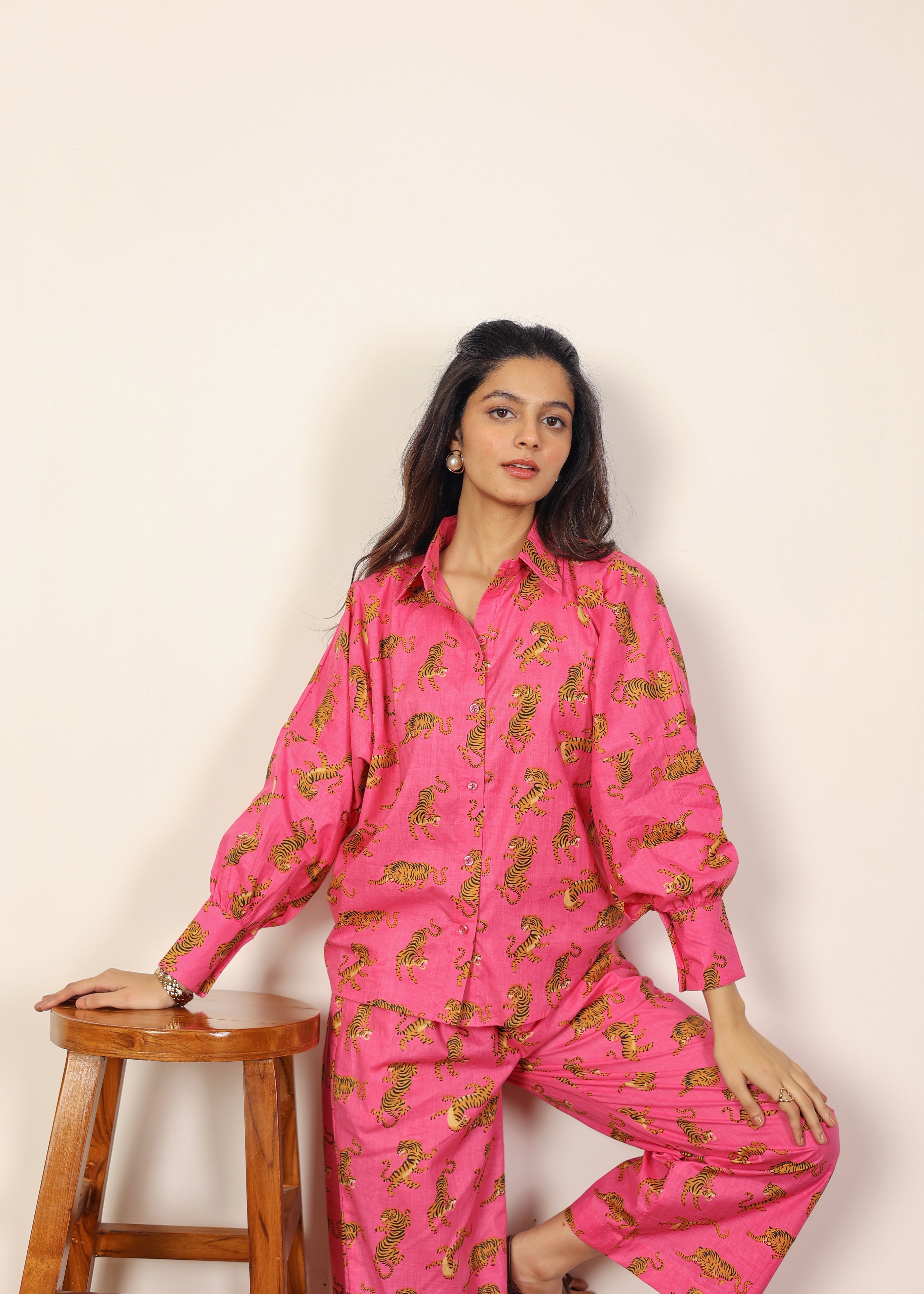 Pink and Multicolor Tropical Summer Print Collared Shirts and Wide Legs Pant 100% Cotton Indo Western Co-ord Sets - Kaoribyshreya