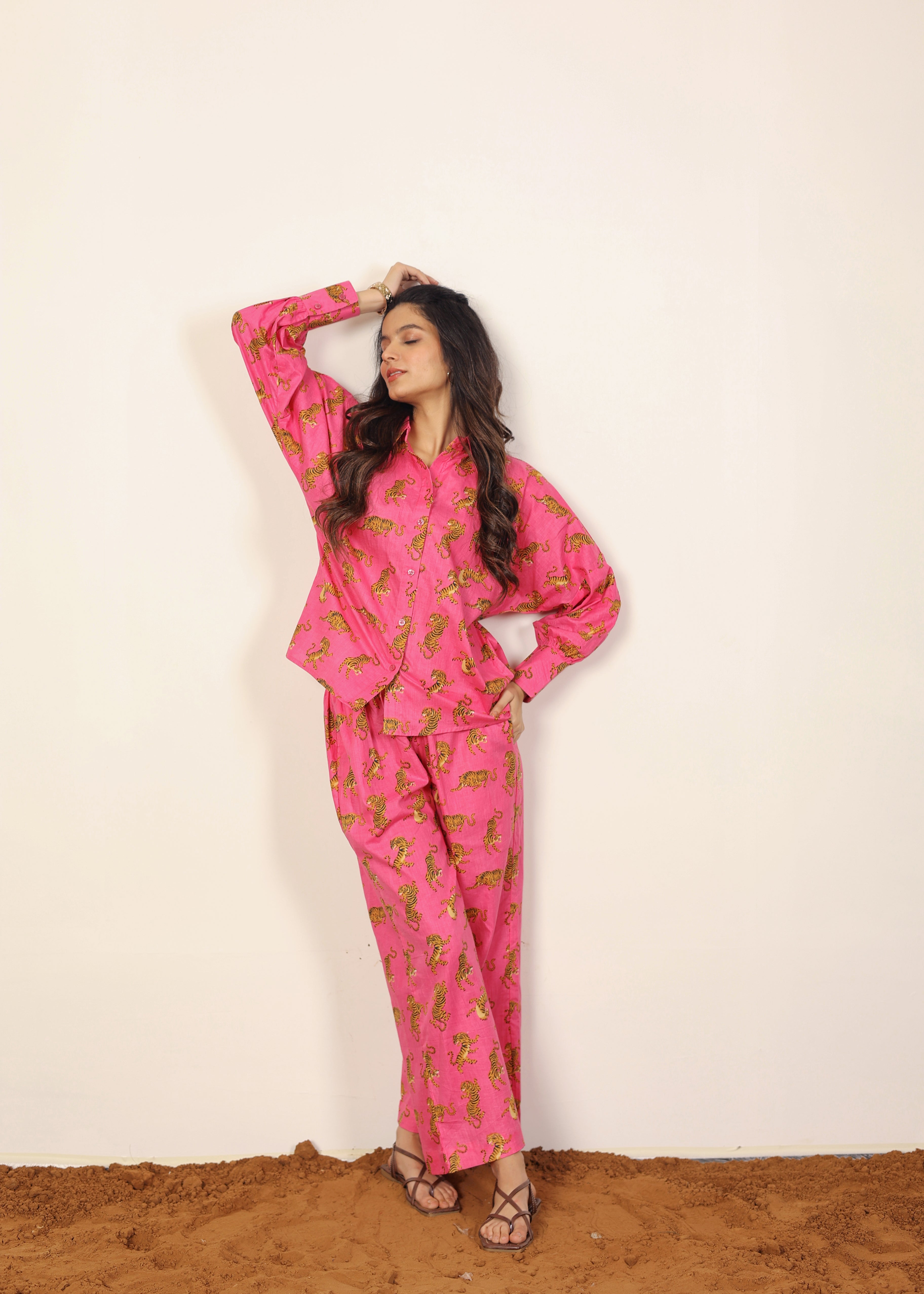 Pink and Multicolor Tropical Summer Print Collared Shirts and Wide Legs Pant 100% Cotton Indo Western Co-ord Sets - Kaoribyshreya