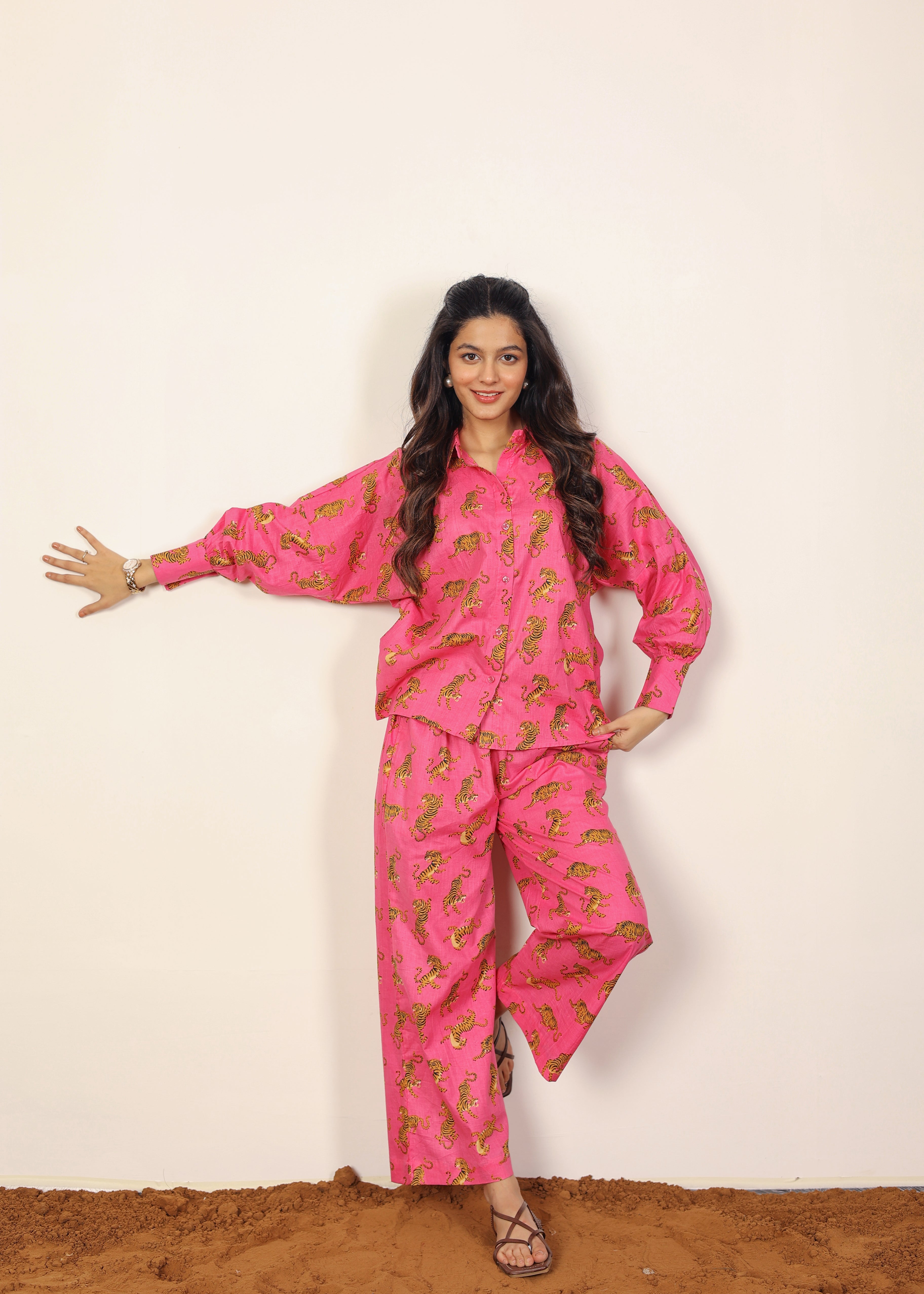 Pink and Multicolor Tropical Summer Print Collared Shirts and Wide Legs Pant 100% Cotton Indo Western Co-ord Sets - Kaoribyshreya