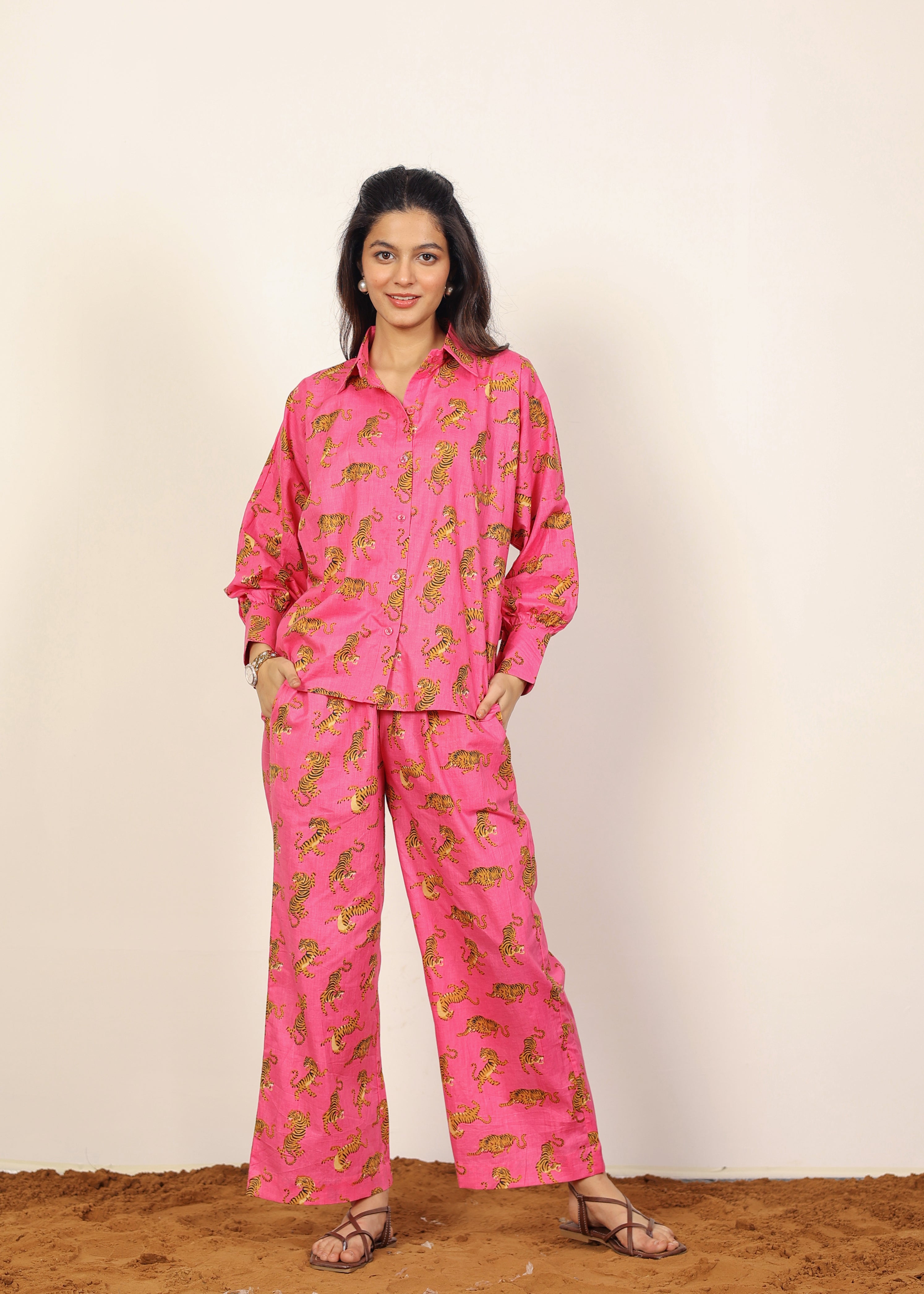 Pink and Multicolor Tropical Summer Print Collared Shirts and Wide Legs Pant 100% Cotton Indo Western Co-ord Sets - Kaoribyshreya