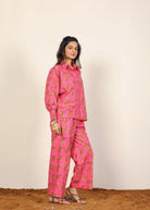 Pink and Multicolor Tropical Summer Print Collared Shirts and Wide Legs Pant 100% Cotton Indo Western Co-ord Sets - Kaoribyshreya
