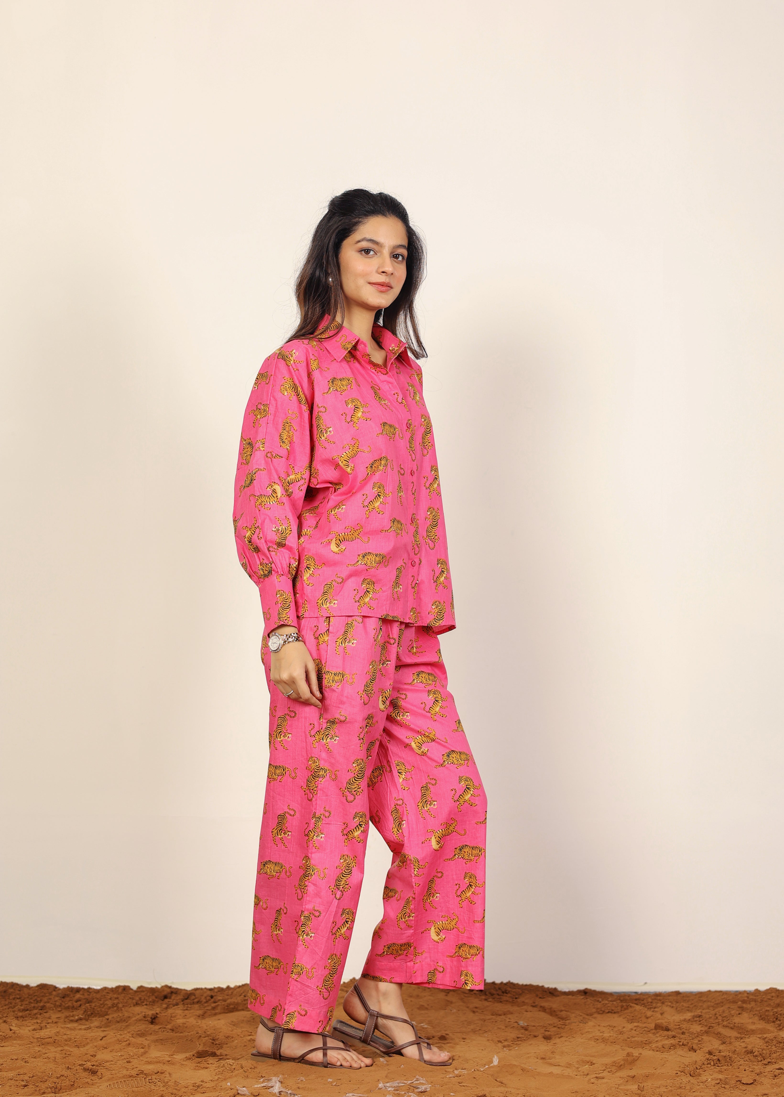 Pink and Multicolor Tropical Summer Print Collared Shirts and Wide Legs Pant 100% Cotton Indo Western Co-ord Sets - Kaoribyshreya