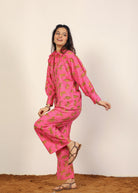 Pink and Multicolor Tropical Summer Print Collared Shirts and Wide Legs Pant 100% Cotton Indo Western Co-ord Sets - Kaoribyshreya