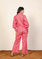 Pink and Multicolor Tropical Summer Print Collared Shirts and Wide Legs Pant 100% Cotton Indo Western Co-ord Sets - Kaoribyshreya