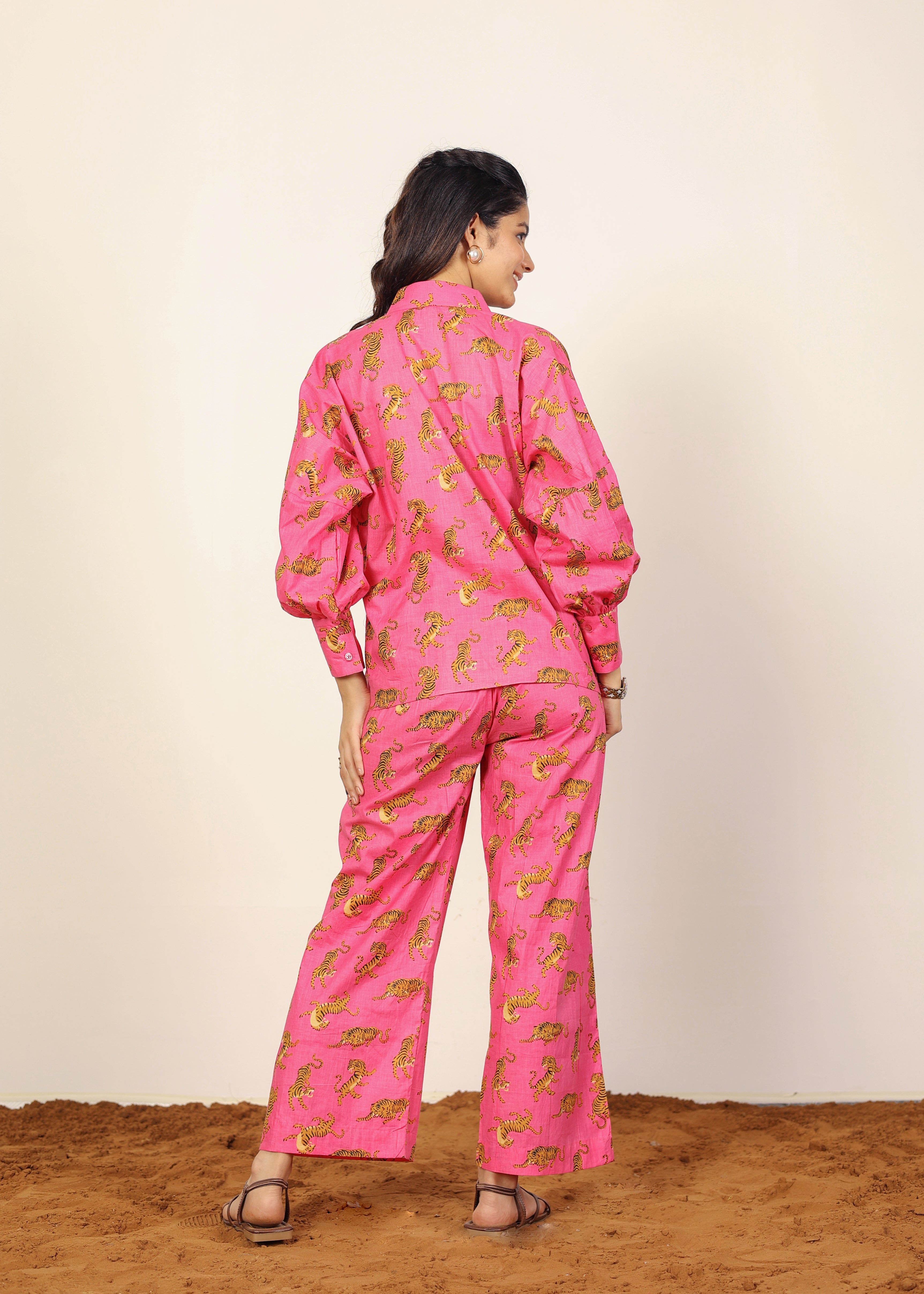 Pink and Multicolor Tropical Summer Print Collared Shirts and Wide Legs Pant 100% Cotton Indo Western Co-ord Sets - Kaoribyshreya