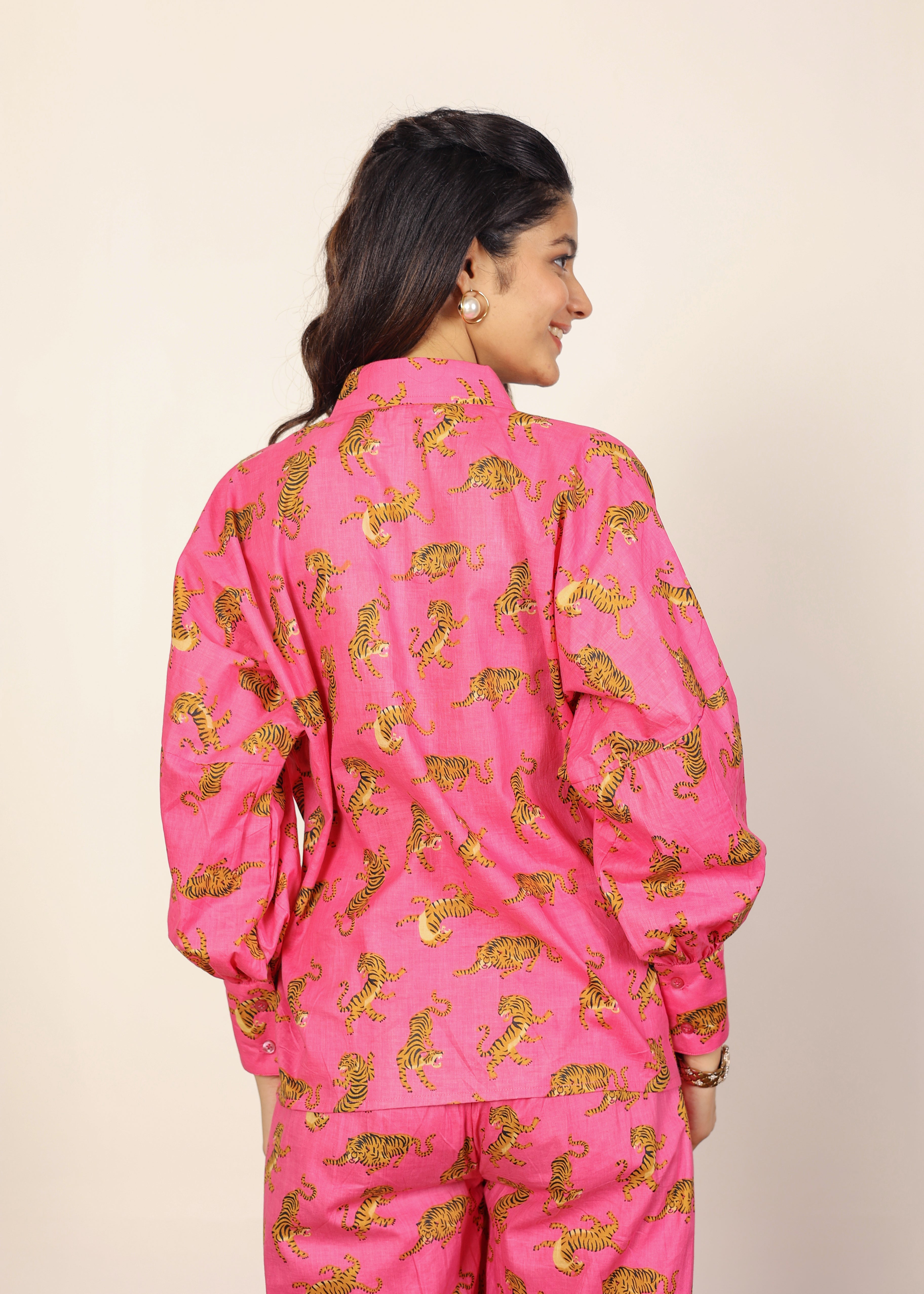 Pink and Multicolor Tropical Summer Print Collared Shirts and Wide Legs Pant 100% Cotton Indo Western Co-ord Sets - Kaoribyshreya