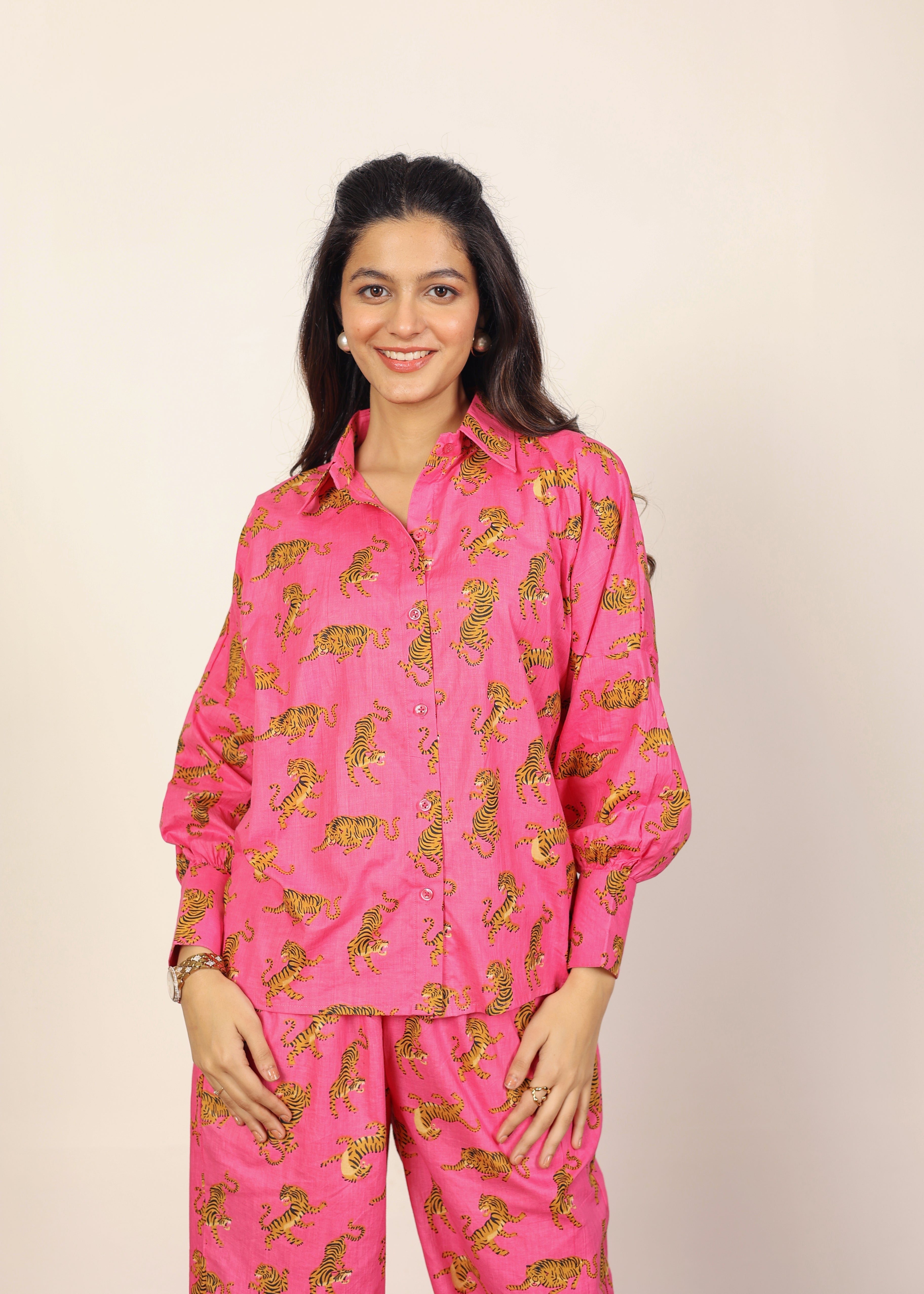 Pink and Multicolor Tropical Summer Print Collared Shirts and Wide Legs Pant 100% Cotton Indo Western Co-ord Sets - Kaoribyshreya