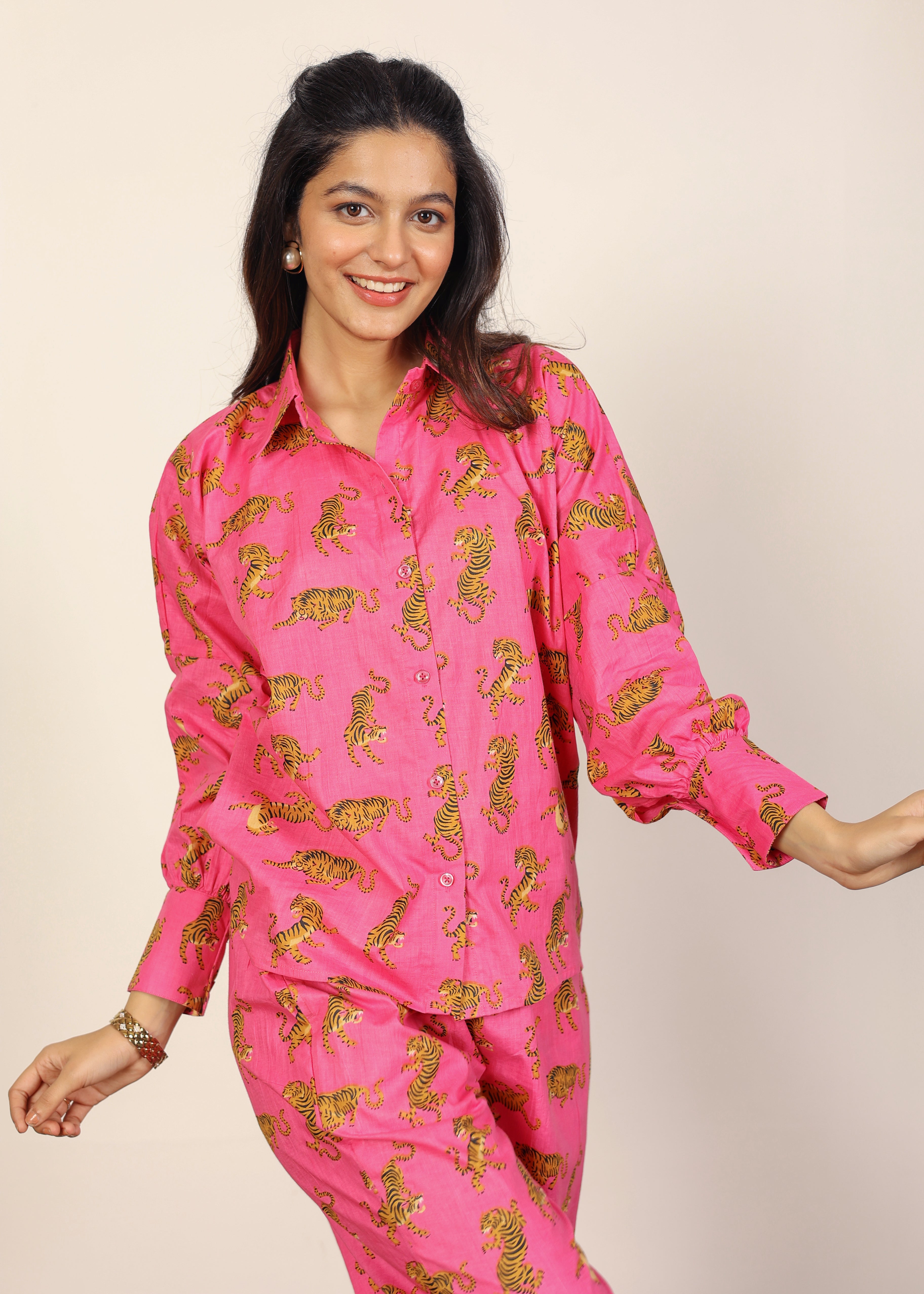 Pink and Multicolor Tropical Summer Print Collared Shirts and Wide Legs Pant 100% Cotton Indo Western Co-ord Sets - Kaoribyshreya