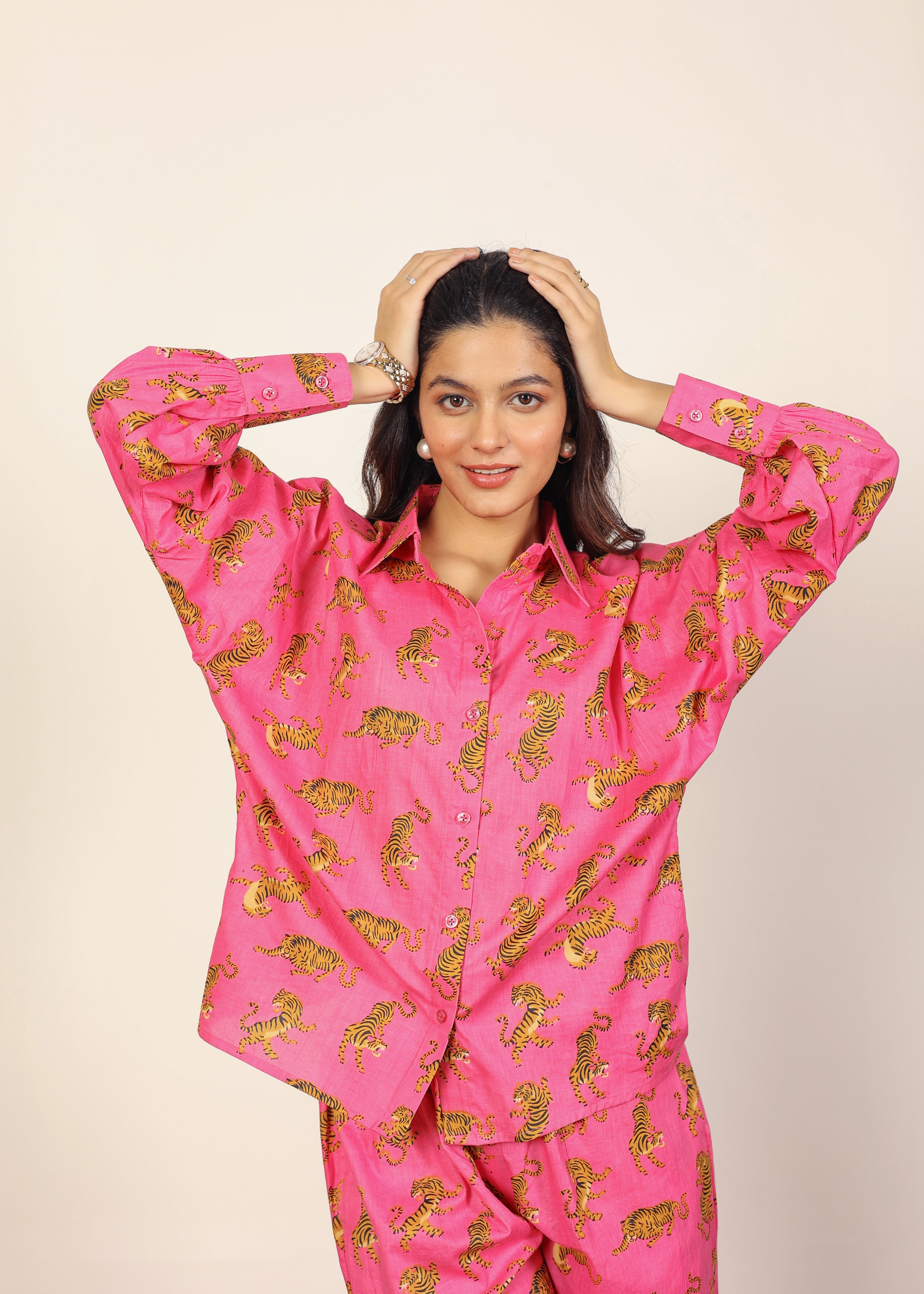 Pink and Multicolor Tropical Summer Print Collared Shirts and Wide Legs Pant 100% Cotton Indo Western Co-ord Sets - Kaoribyshreya