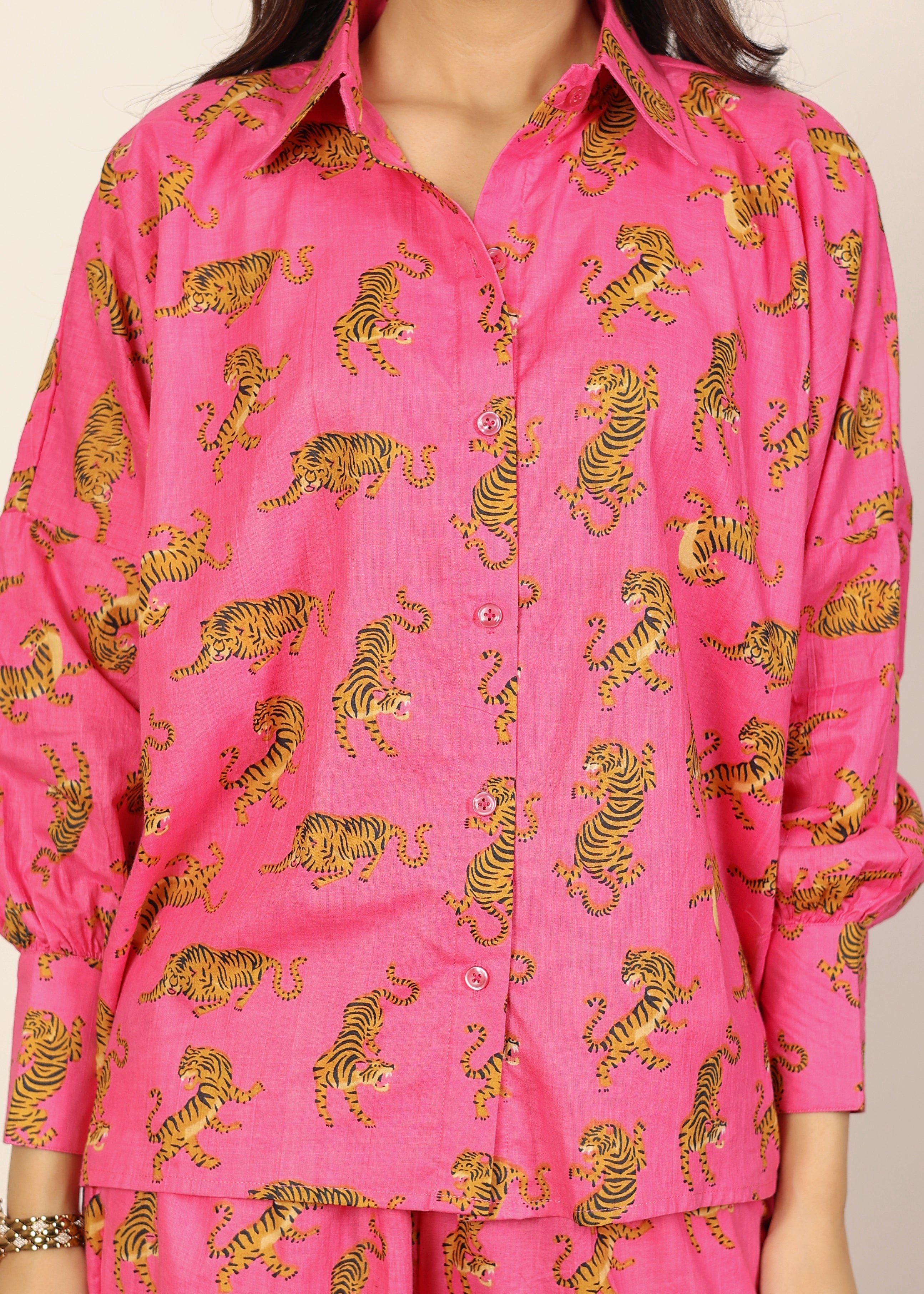 Pink and Multicolor Tropical Summer Print Collared Shirts and Wide Legs Pant 100% Cotton Indo Western Co-ord Sets - Kaoribyshreya
