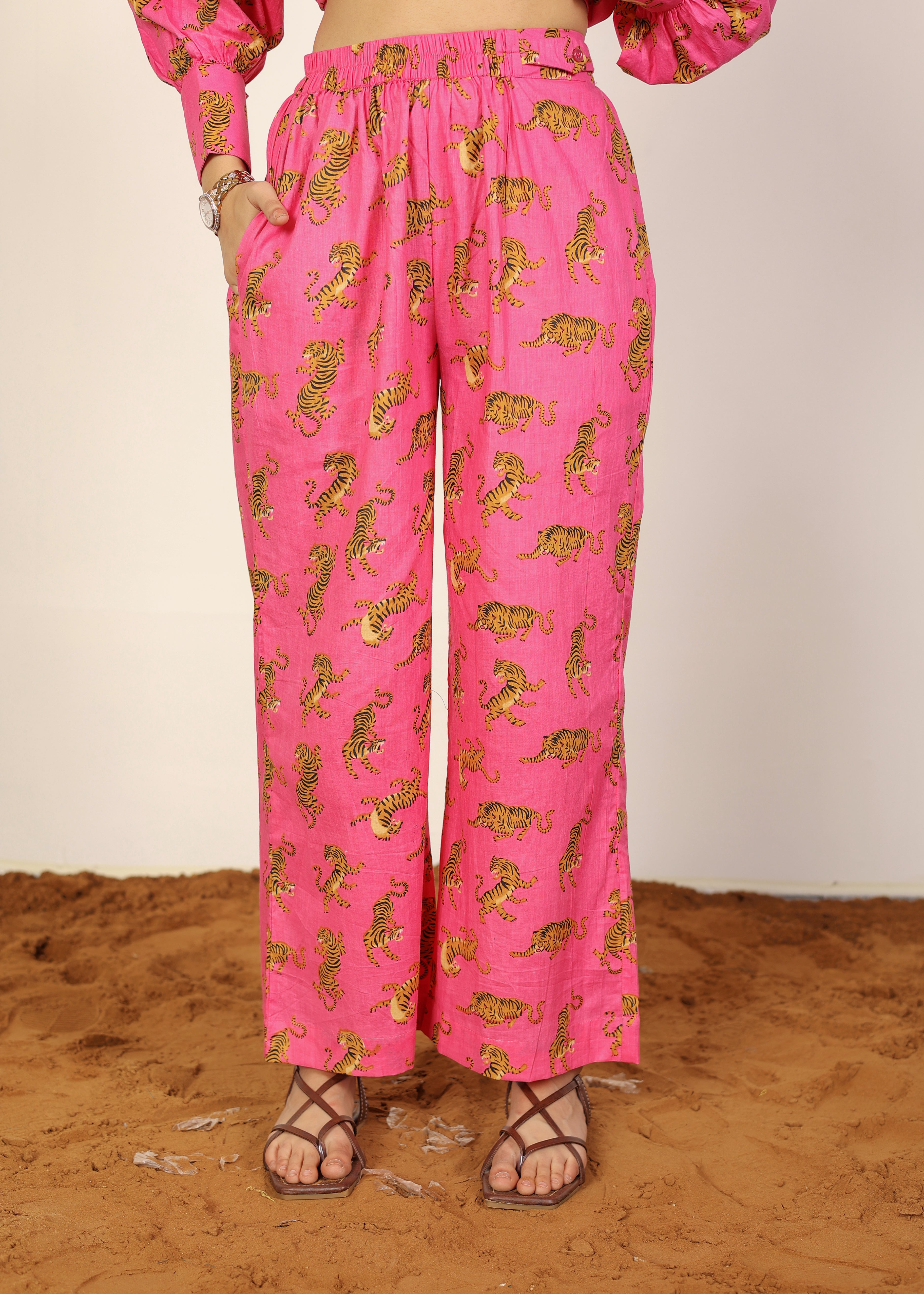 Pink and Multicolor Tropical Summer Print Collared Shirts and Wide Legs Pant 100% Cotton Indo Western Co-ord Sets - Kaoribyshreya