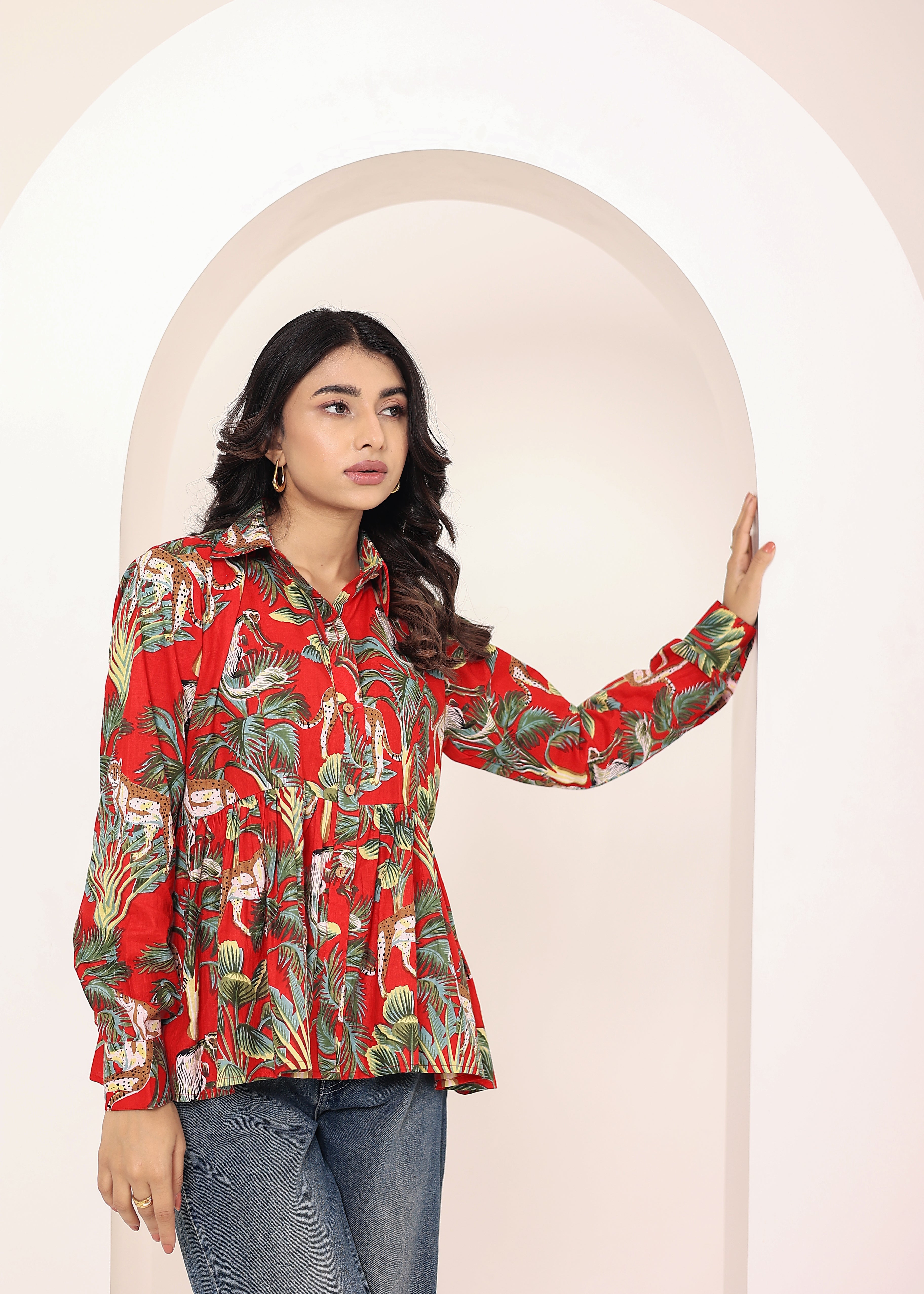 Red Floral Printed Cotton Summer Top with Front Collar and  Buttons - Kaoribyshreya