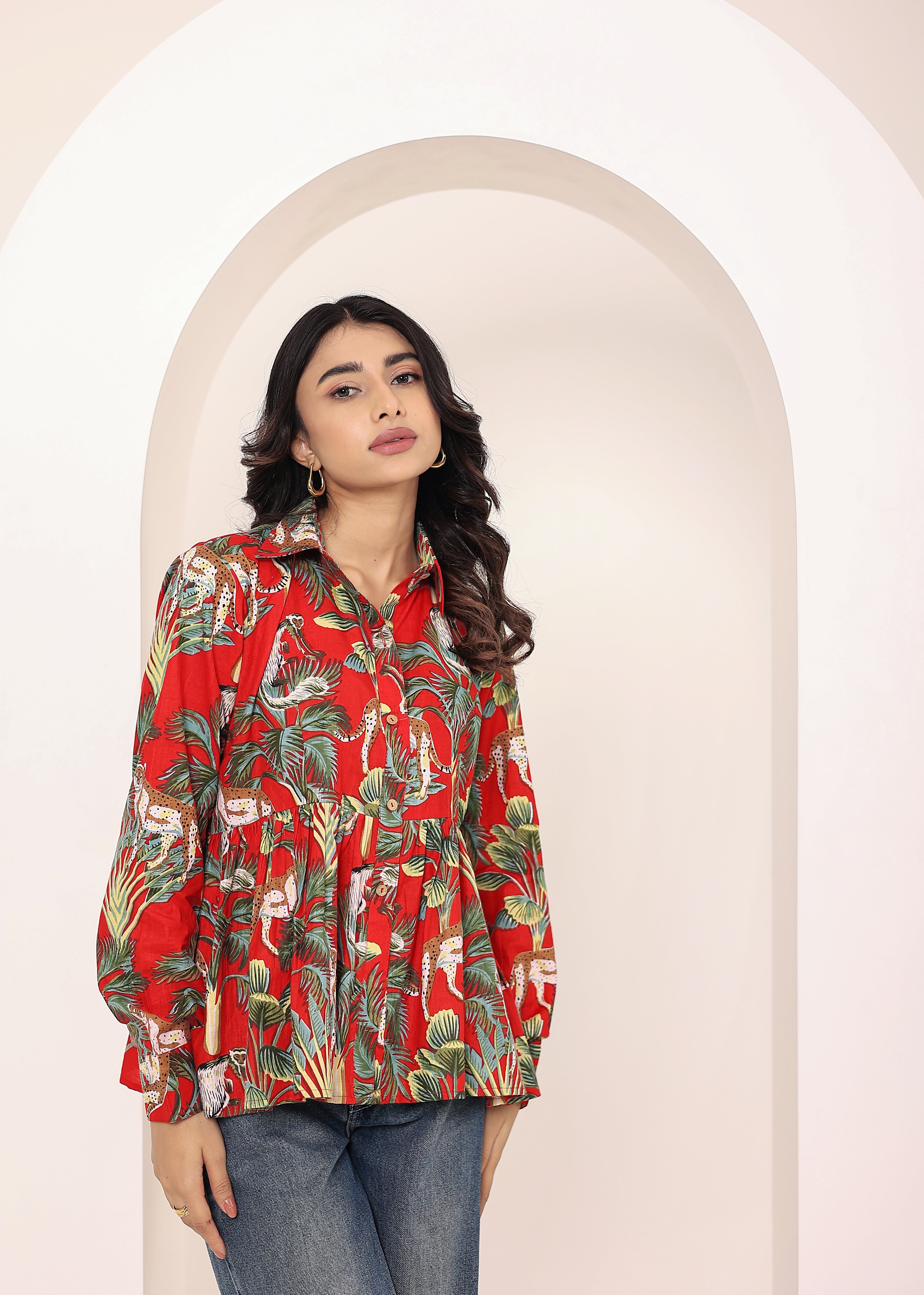 Red Floral Printed Cotton Summer Top with Front Collar and  Buttons - Kaoribyshreya
