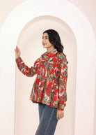 Red Floral Printed Cotton Summer Top with Front Collar and  Buttons - Kaoribyshreya