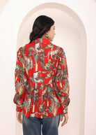 Red Floral Printed Cotton Summer Top with Front Collar and  Buttons - Kaoribyshreya