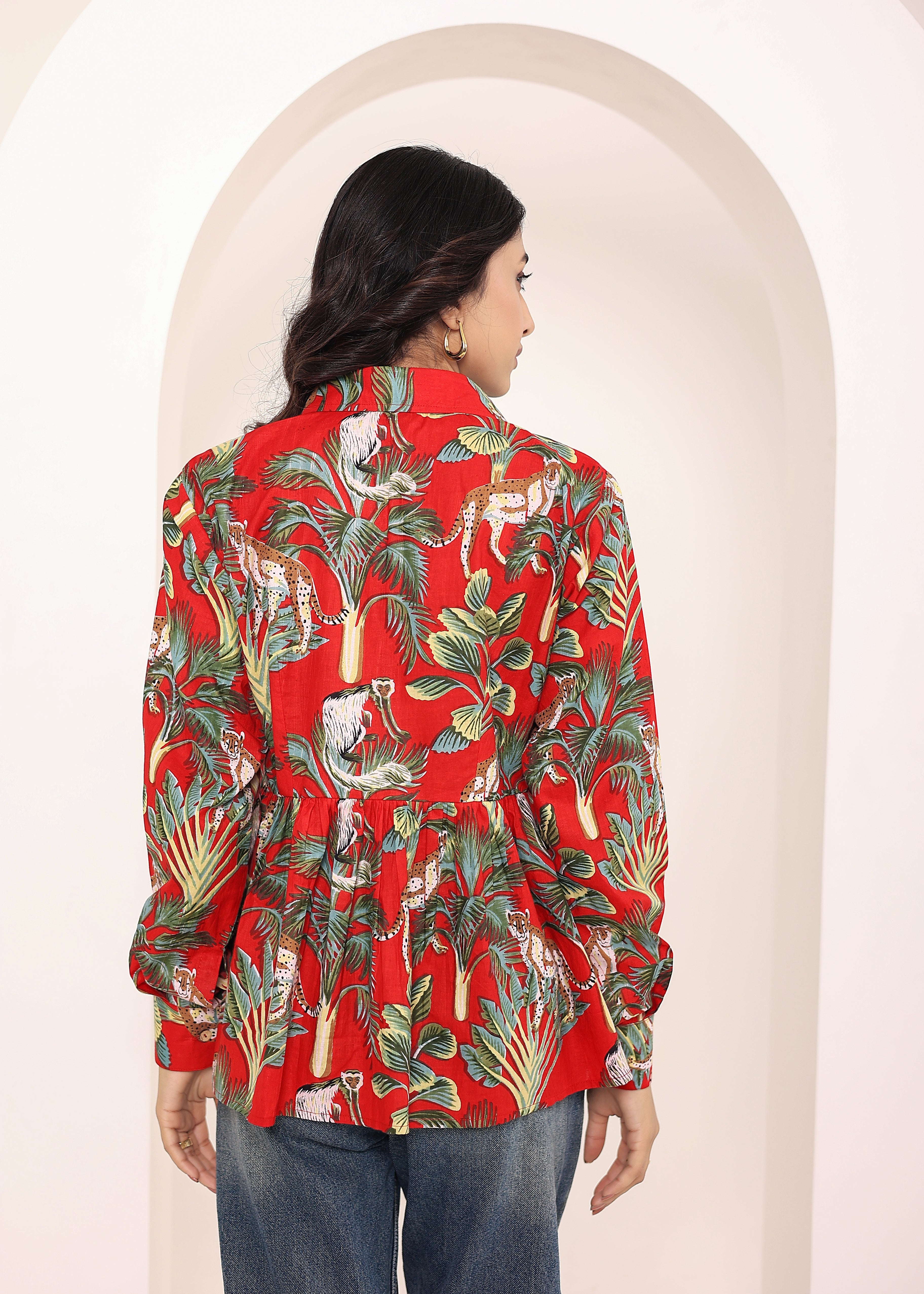 Red Floral Printed Cotton Summer Top with Front Collar and  Buttons - Kaoribyshreya
