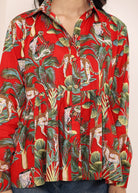 Red Floral Printed Cotton Summer Top with Front Collar and  Buttons - Kaoribyshreya