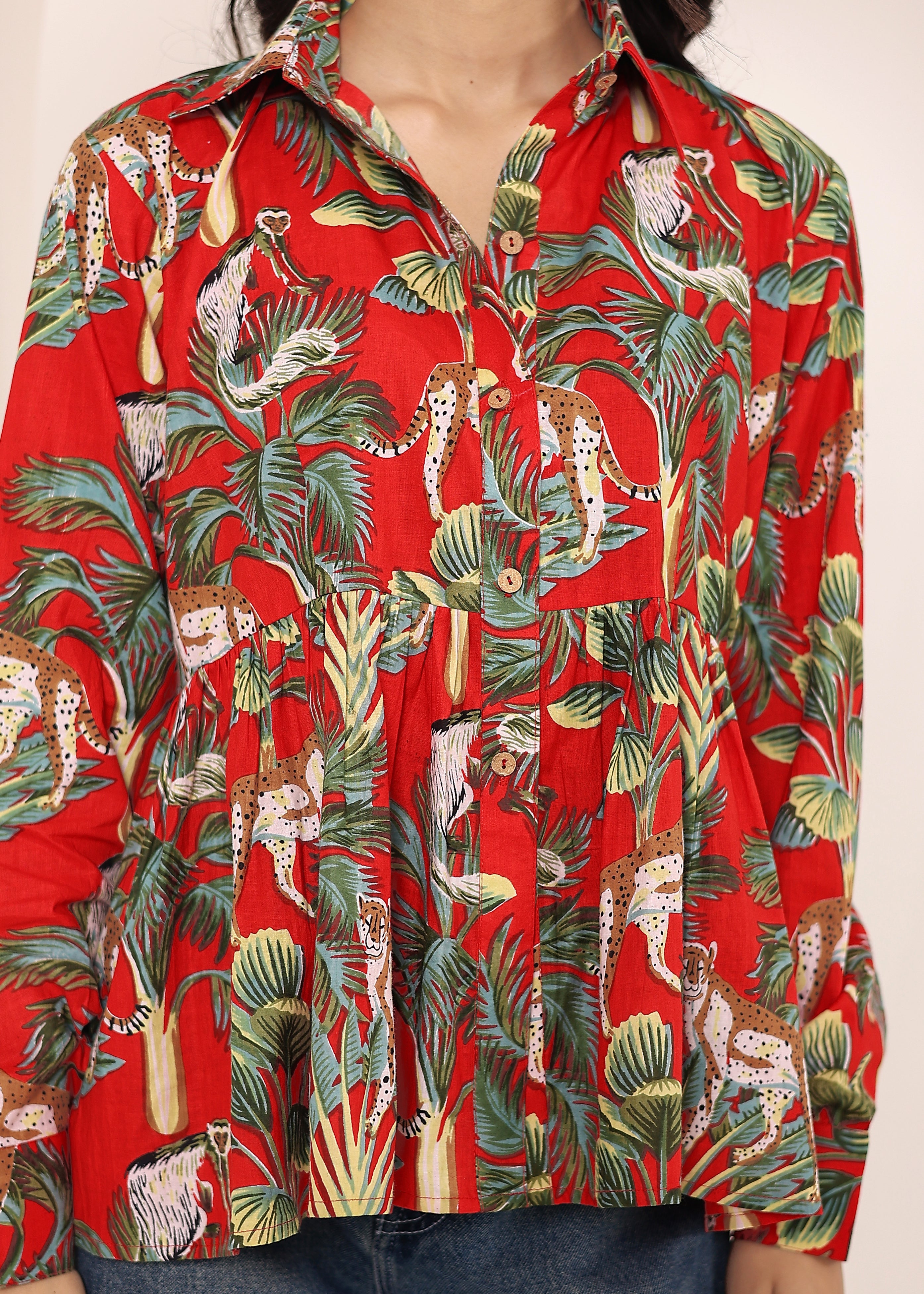 Red Floral Printed Cotton Summer Top with Front Collar and  Buttons - Kaoribyshreya