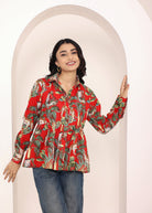 Red Floral Printed Cotton Summer Top with Front Collar and  Buttons - Kaoribyshreya