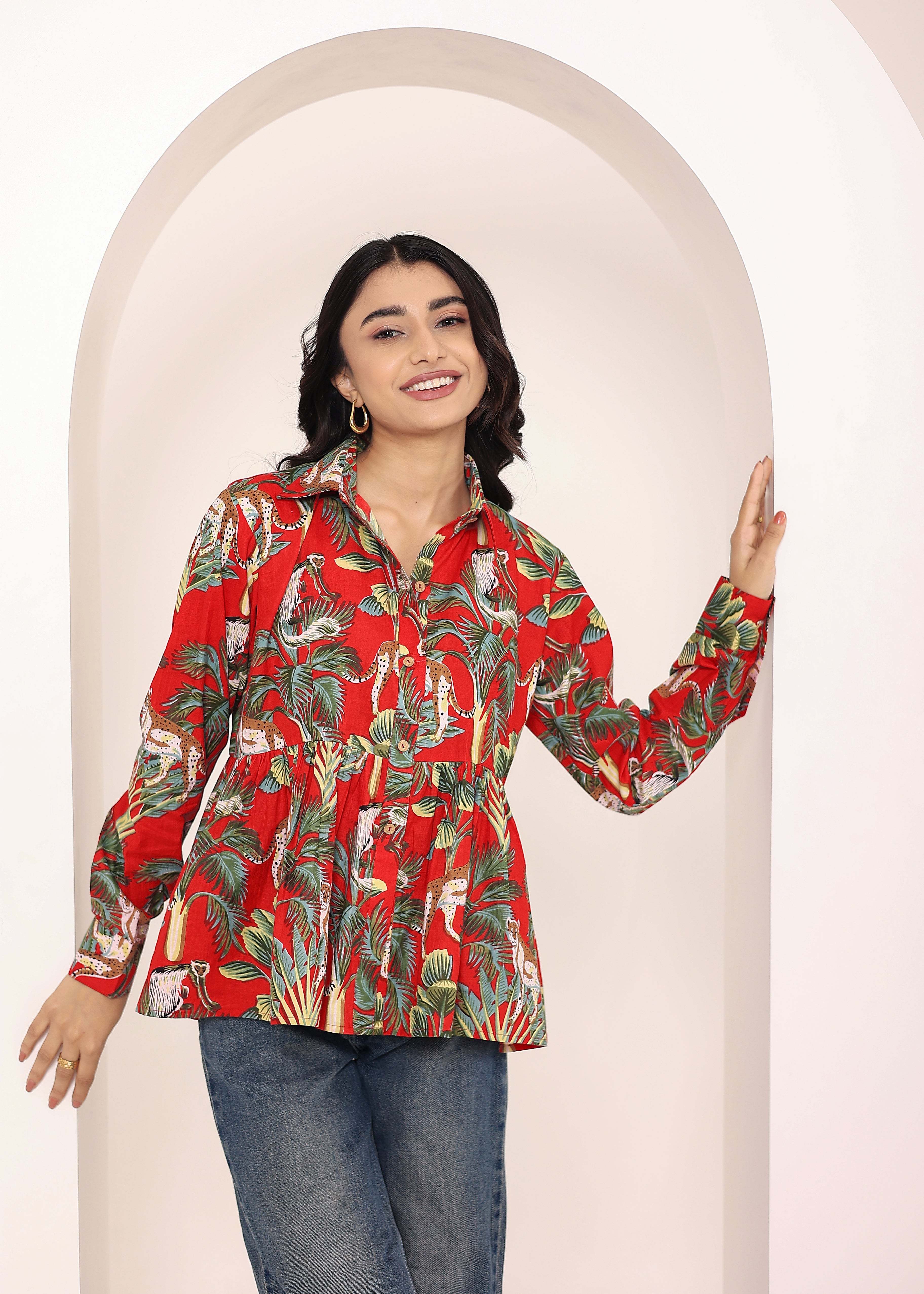 Red Floral Printed Cotton Summer Top with Front Collar and  Buttons - Kaoribyshreya