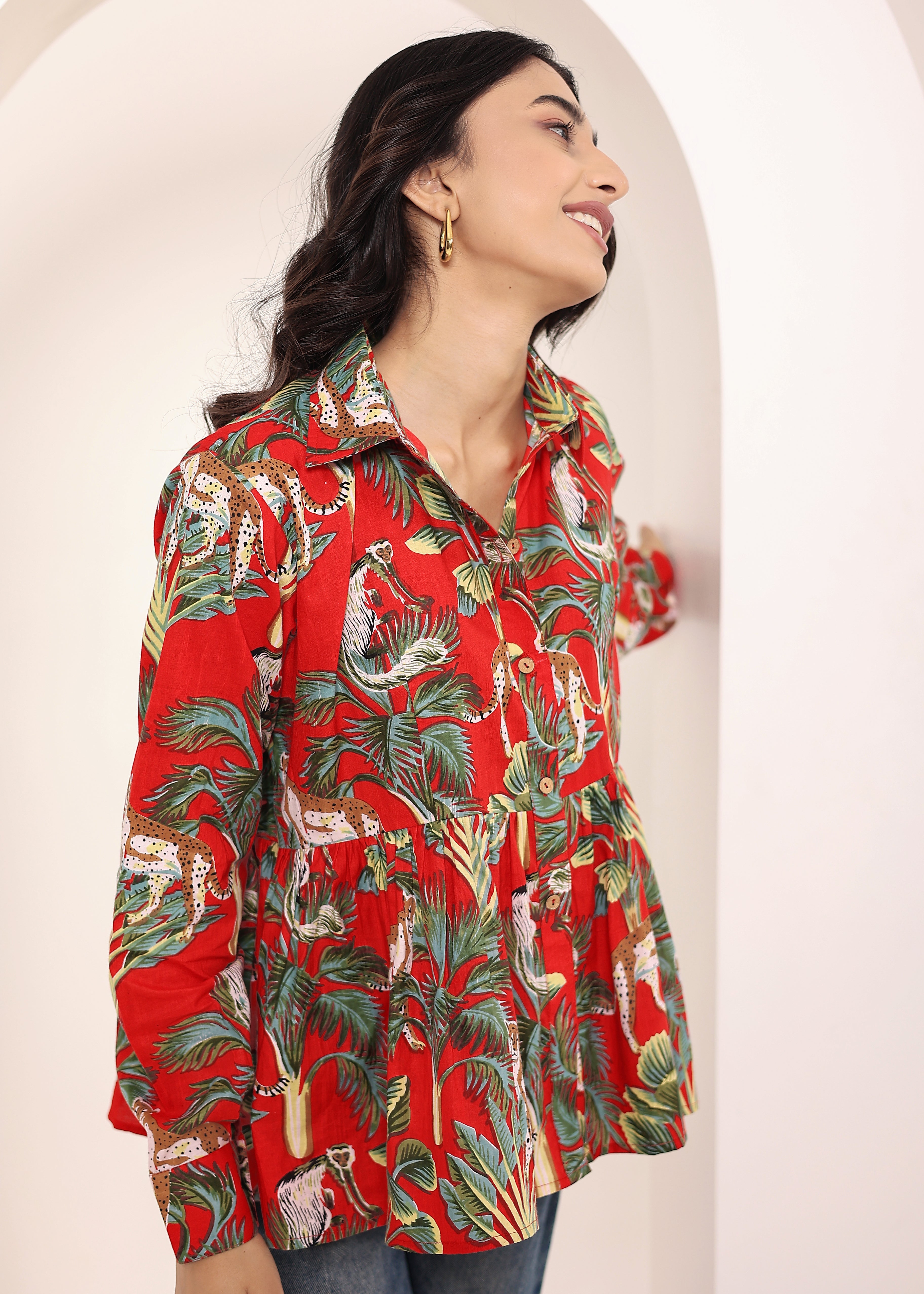 Red Floral Printed Cotton Summer Top with Front Collar and  Buttons - Kaoribyshreya