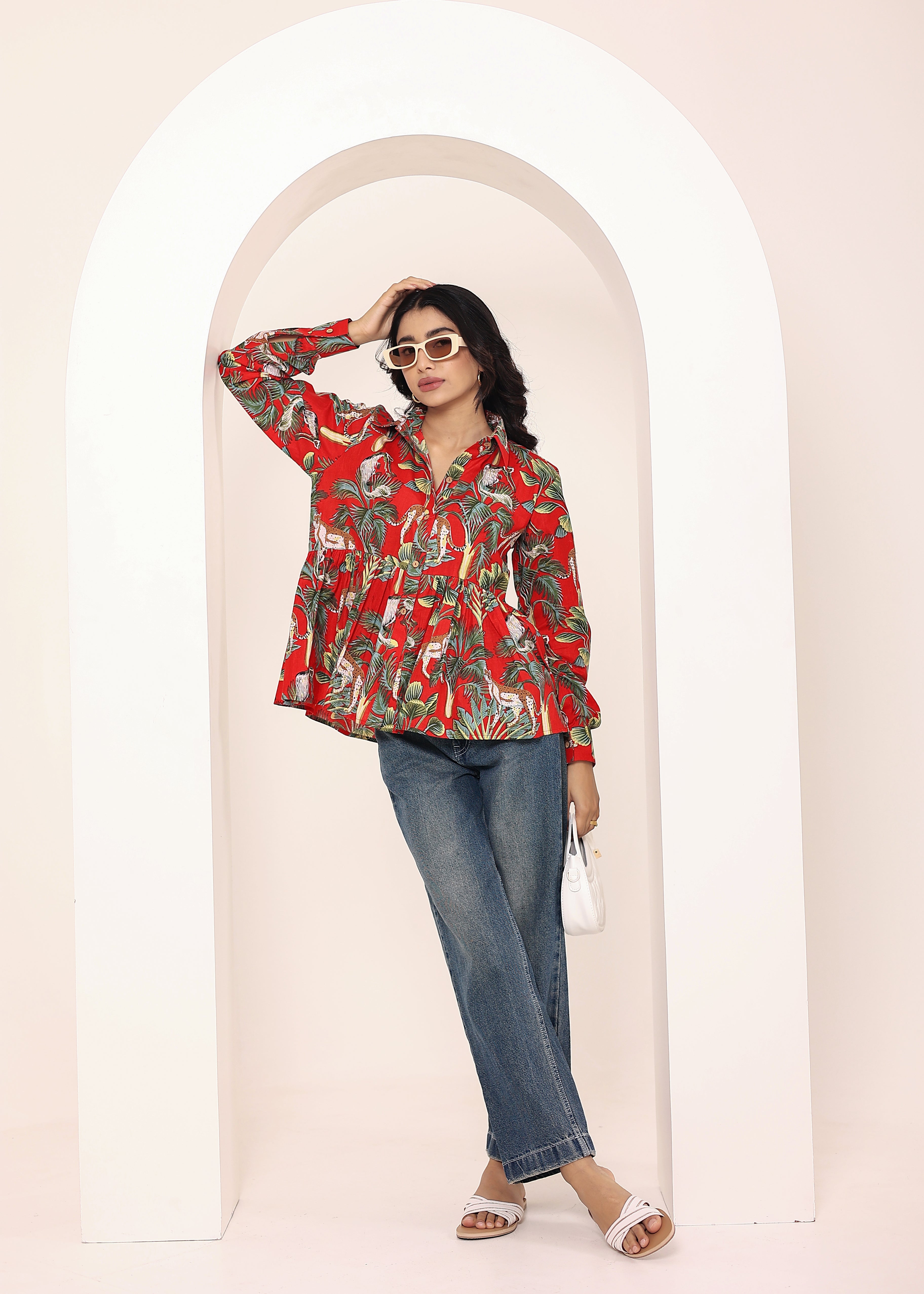 Red Floral Printed Cotton Summer Top with Front Collar and  Buttons - Kaoribyshreya