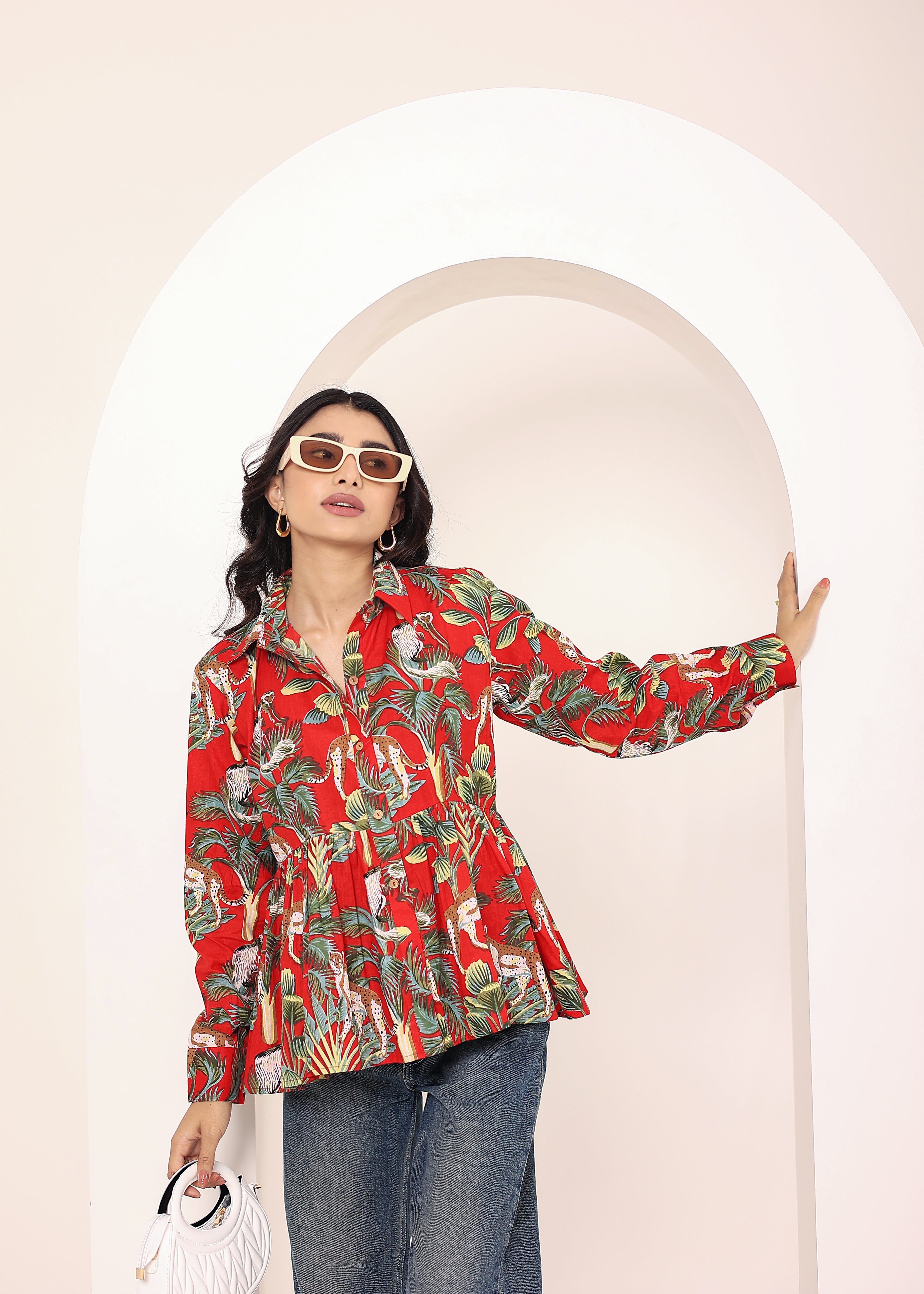 Red Floral Printed Cotton Summer Top with Front Collar and  Buttons - Kaoribyshreya