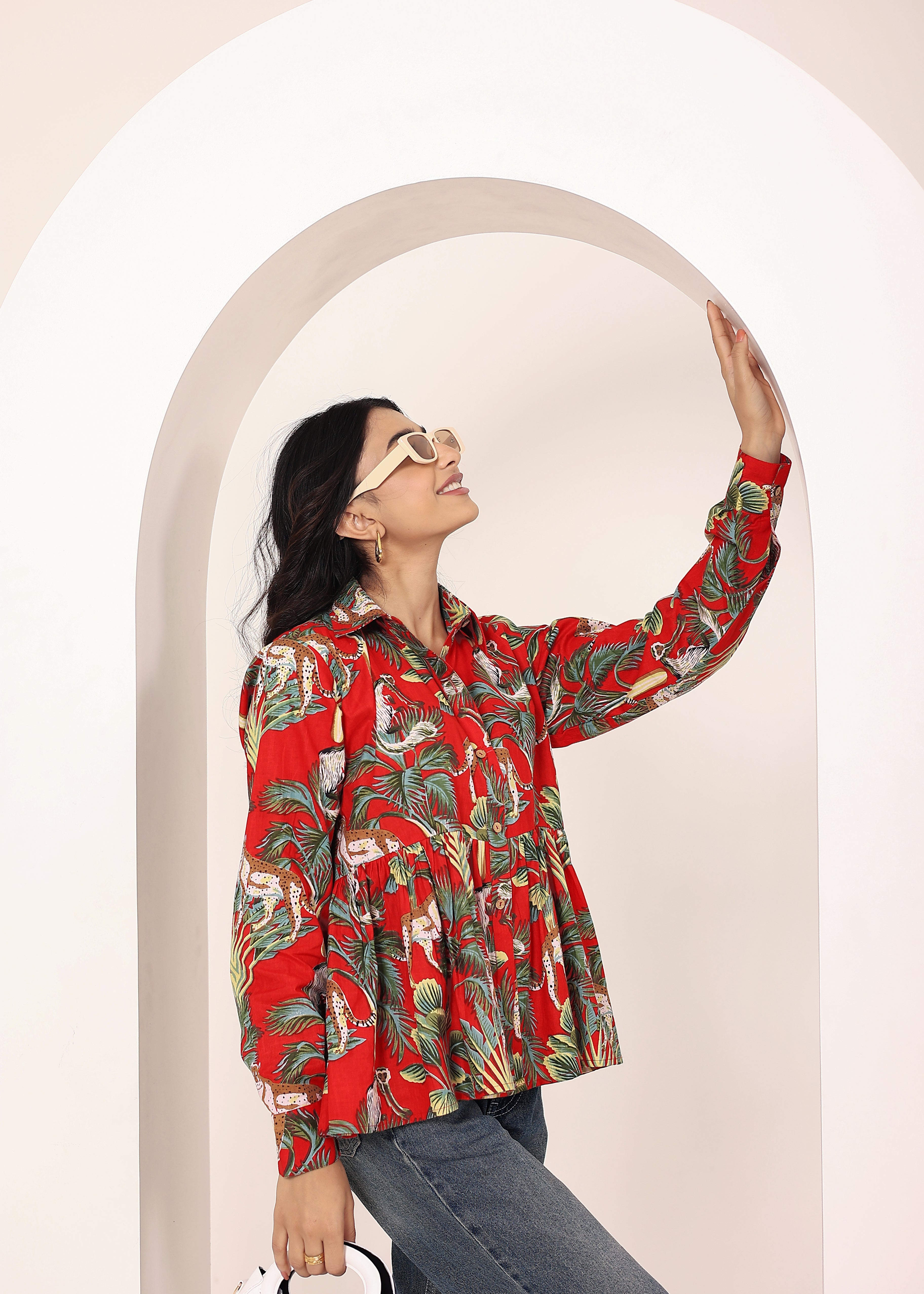Red Floral Printed Cotton Summer Top with Front Collar and  Buttons - Kaoribyshreya