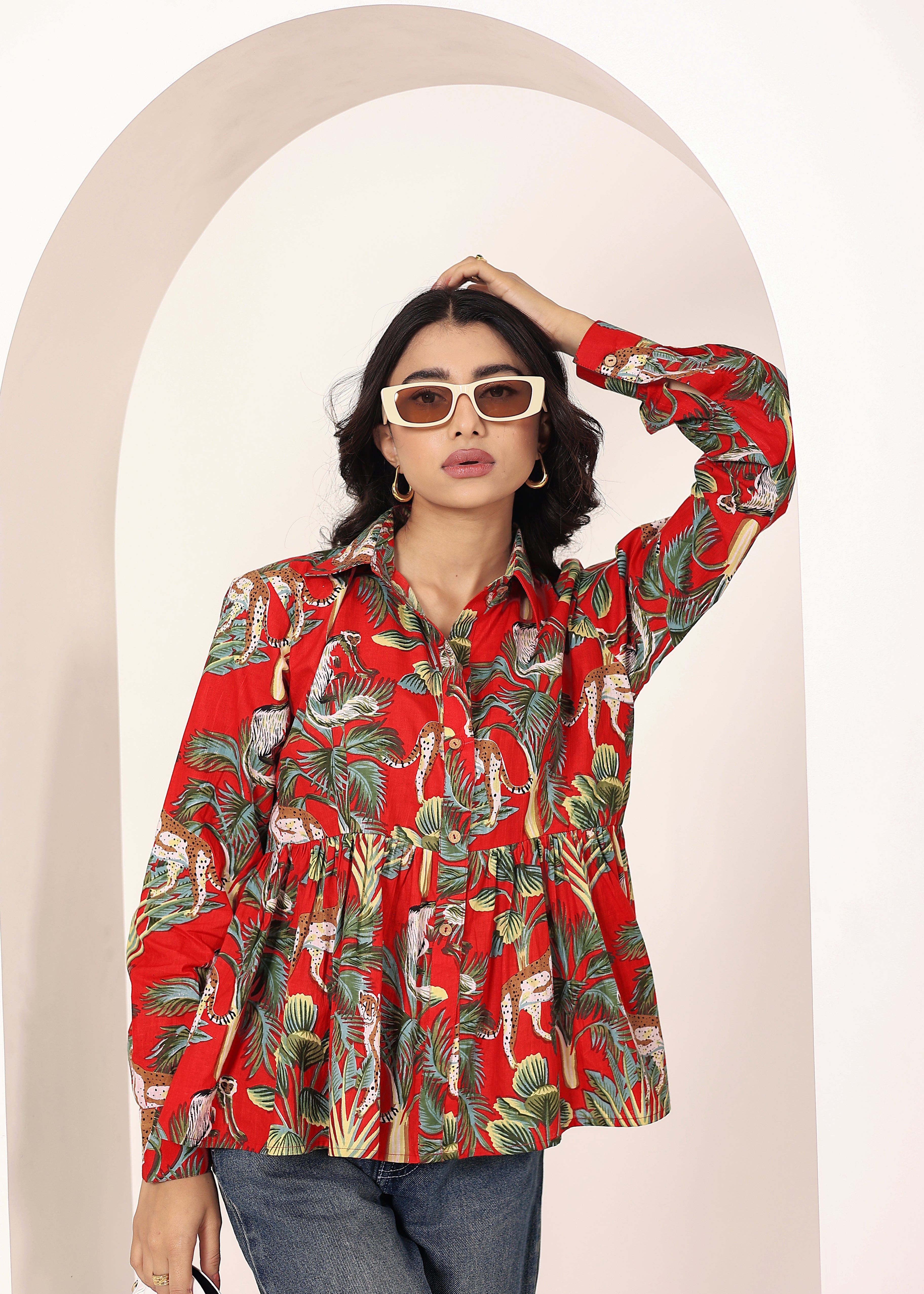 Red Floral Printed Cotton Summer Top with Front Collar and  Buttons - Kaoribyshreya