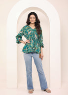 Teal Tropical Print Angrakha Style Cotton Kurta Top - Kaoribyshreya