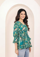 Teal Tropical Print Angrakha Style Cotton Kurta Top - Kaoribyshreya