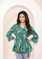 Teal Tropical Print Angrakha Style Cotton Kurta Top - Kaoribyshreya