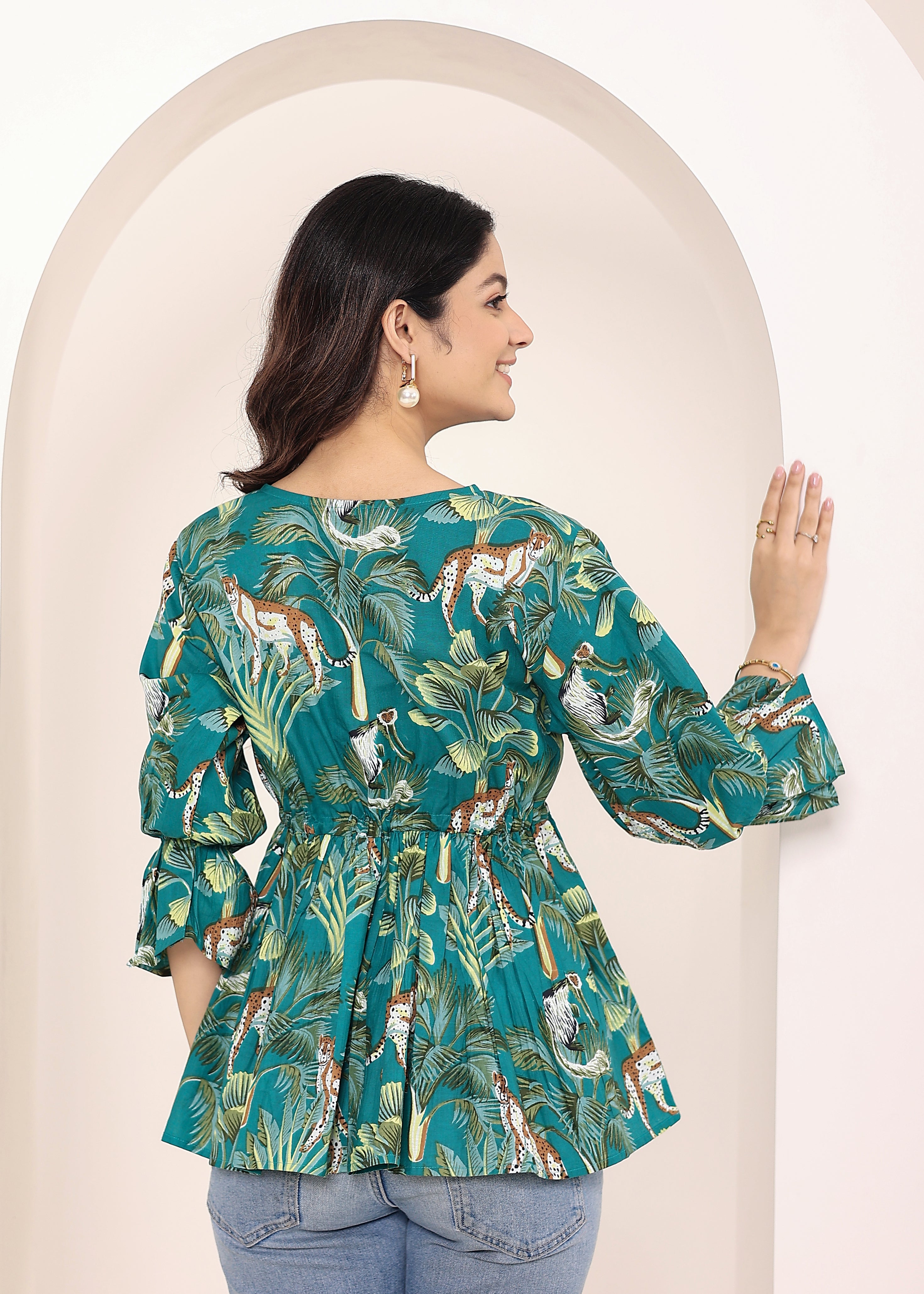 Teal Tropical Print Angrakha Style Cotton Kurta Top - Kaoribyshreya